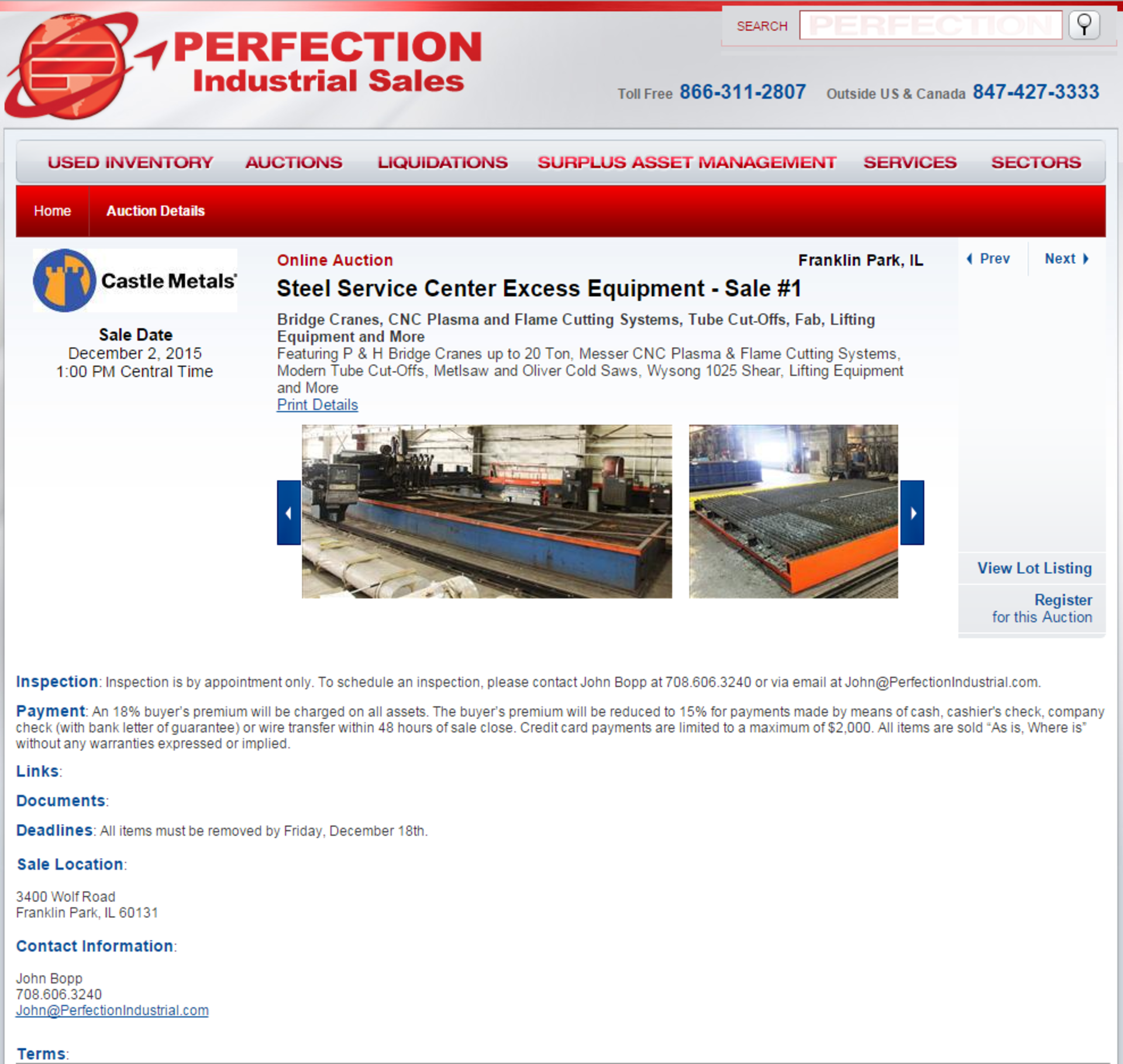 This auction is being conducted by Perfection Industrial Sales