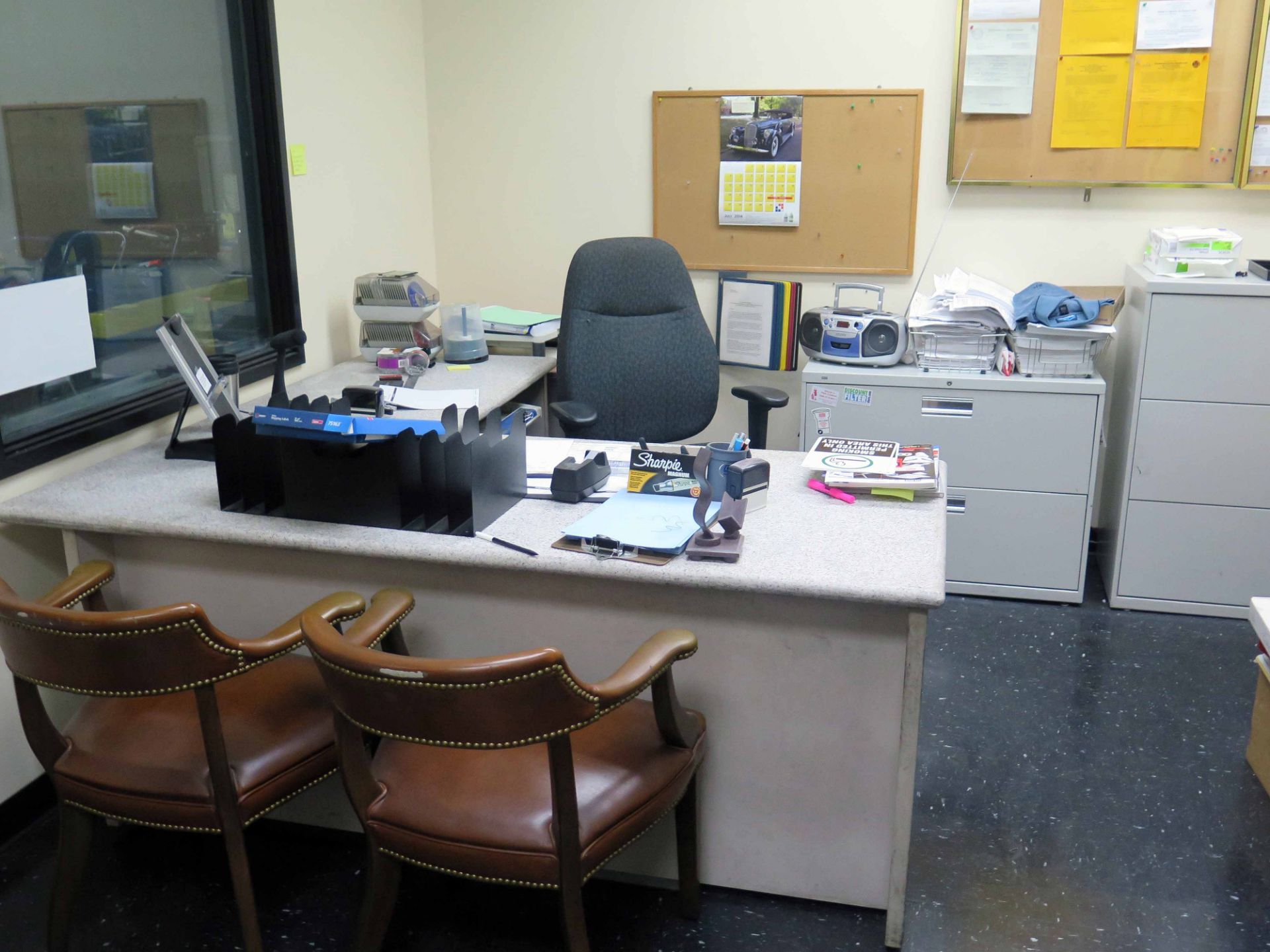 LOT OF CONTENTS OF OFFICE: small refrigerator, microwave oven, round table, chairs, L-shaped desk, - Image 2 of 5