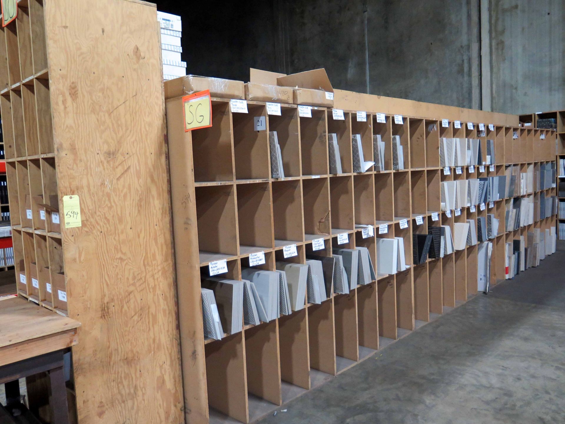 WOODEN SAMPLE RACK, 25'L. x 9' ht., 2-sided, w/ceramic samples