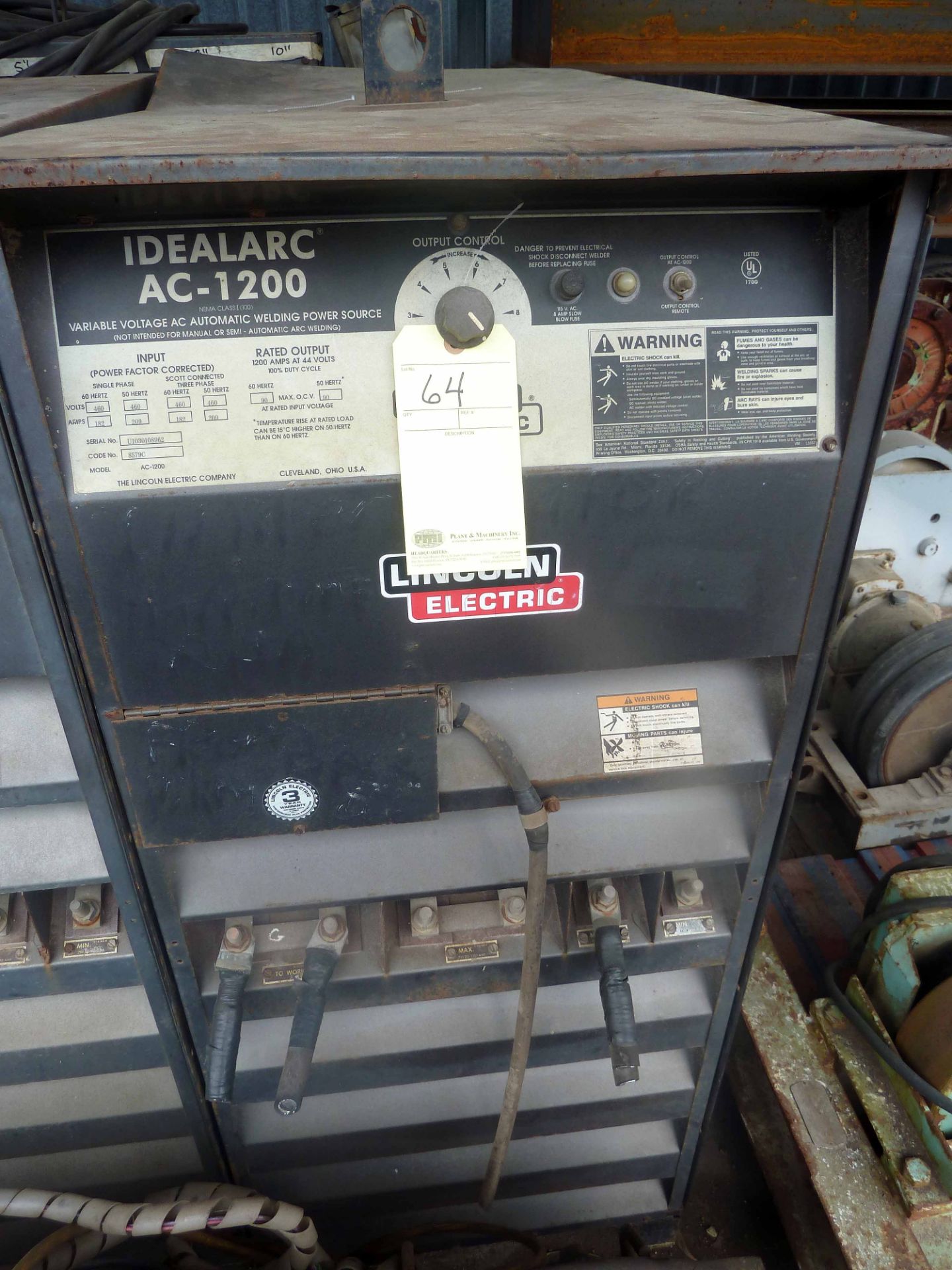 WELDING POWER SOURCE, LINCOLN MDL. AC 1200, new 2003, 1200 amp cap., S/N U1030108962 (Location F-