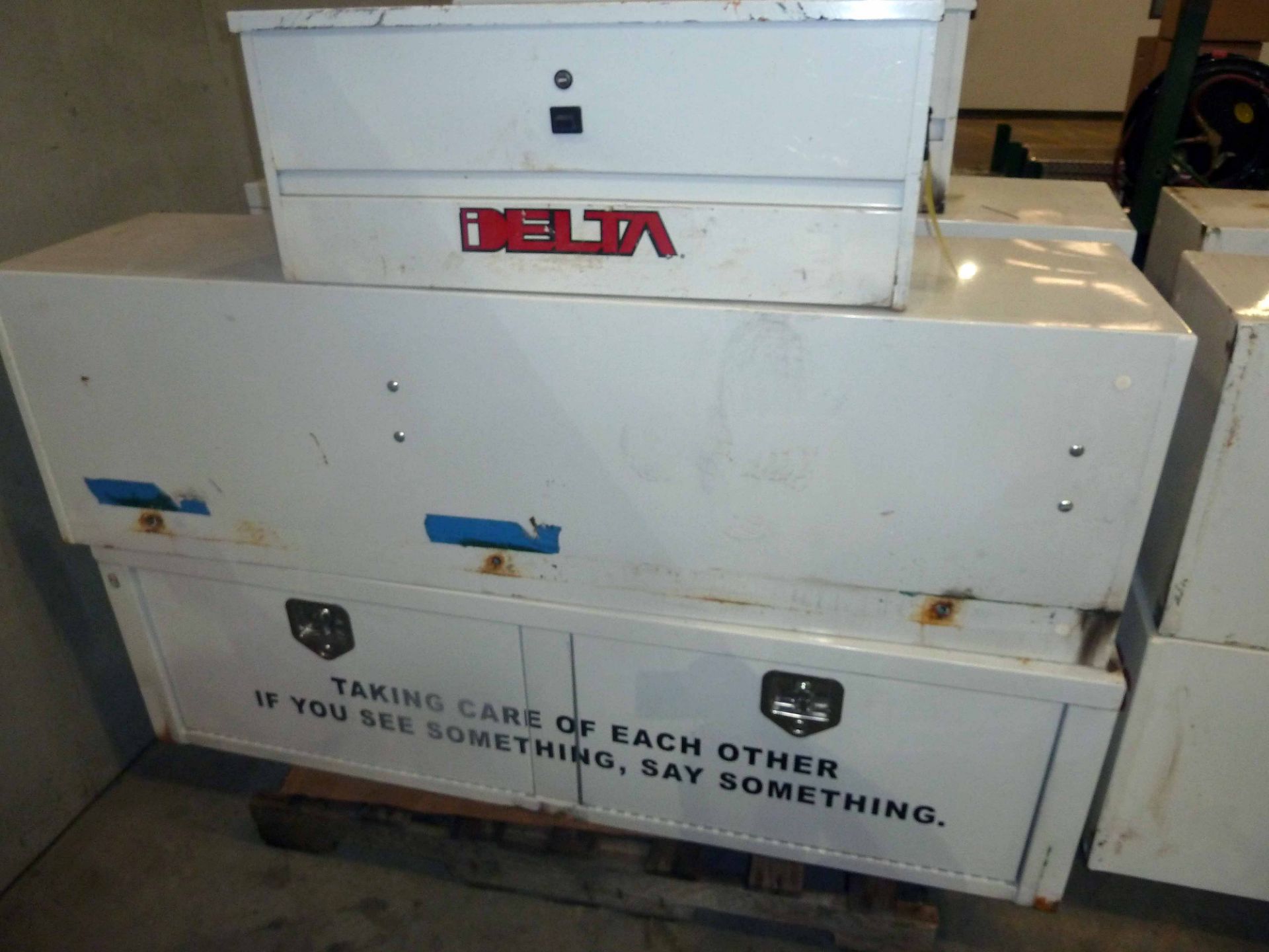 SET OF UTILITY TRUCK TYPE TOOL BOXES, (2) LARGE CABINET STYLE, (1) DELTA TOP OPENING TOOLBOX (