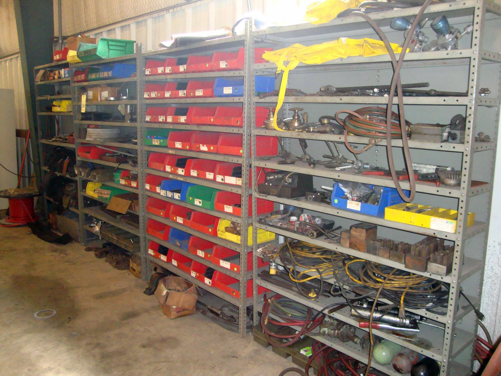 LOT OF STEEL SHELF SECTIONS (4), w/tooling, safety equipment, supplies, etc. - Image 2 of 6