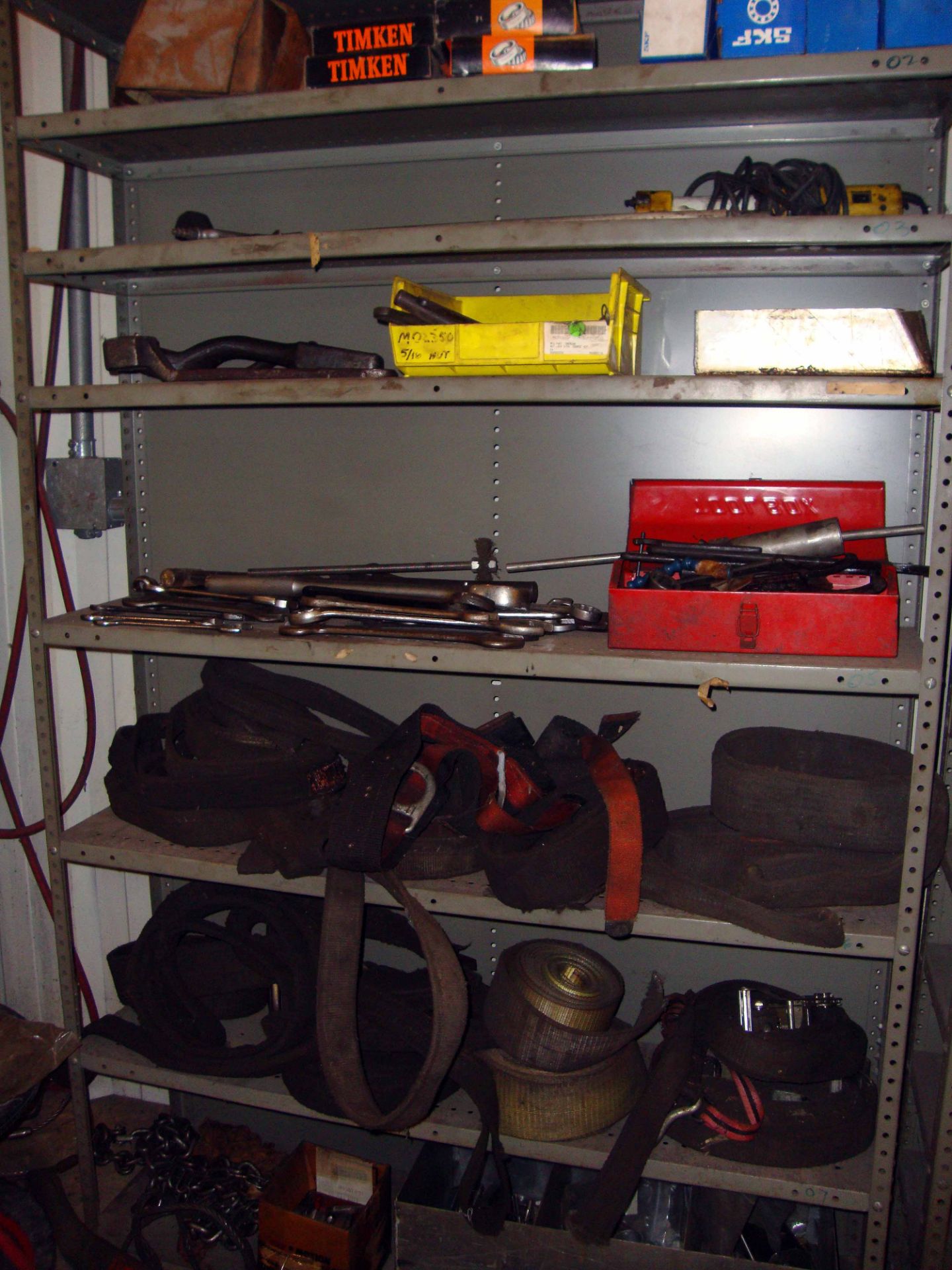 LOT OF STEEL SHELF SECTIONS (4), w/tooling, safety equipment, supplies, etc. - Image 6 of 6