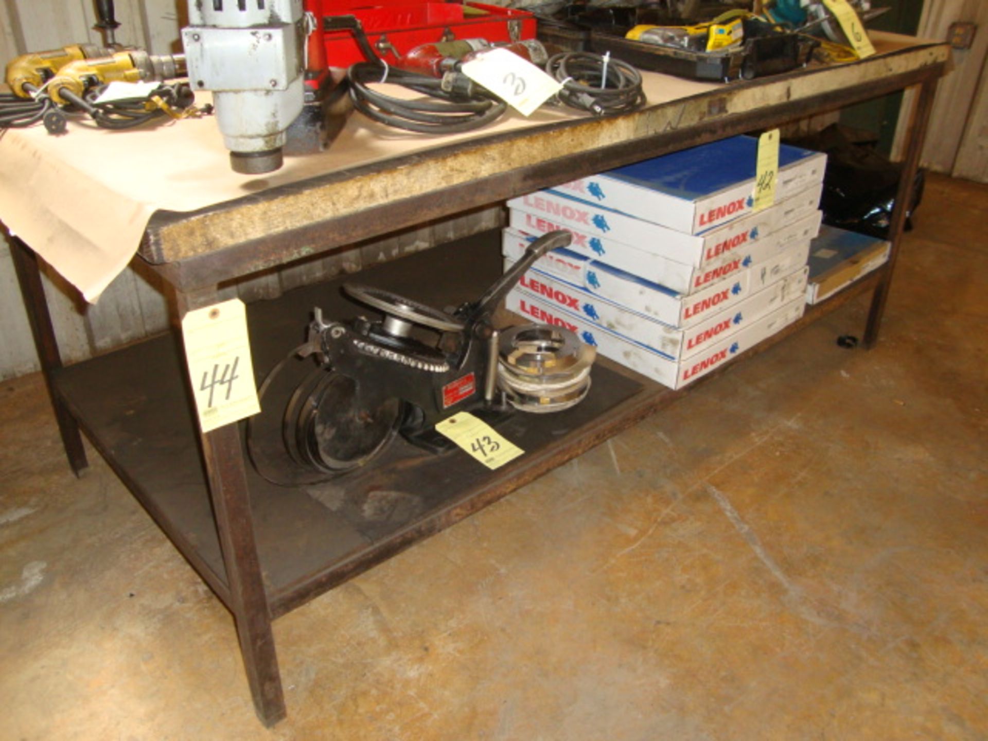 STEEL WORKTABLE, 38" x 78", wood top (may not be taken until tooling has been removed)