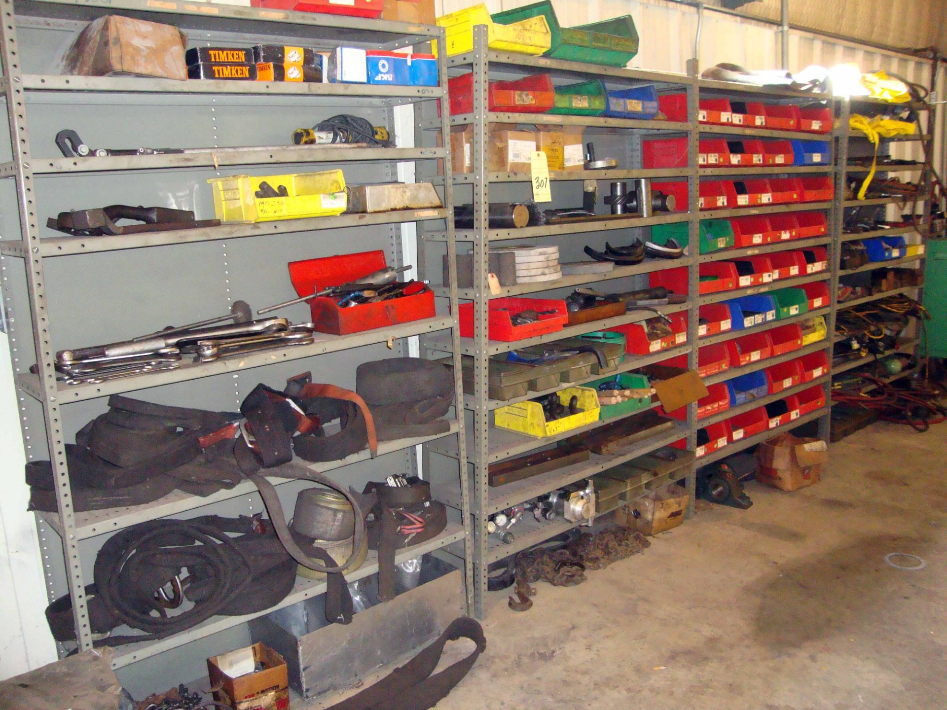 LOT OF STEEL SHELF SECTIONS (4), w/tooling, safety equipment, supplies, etc.