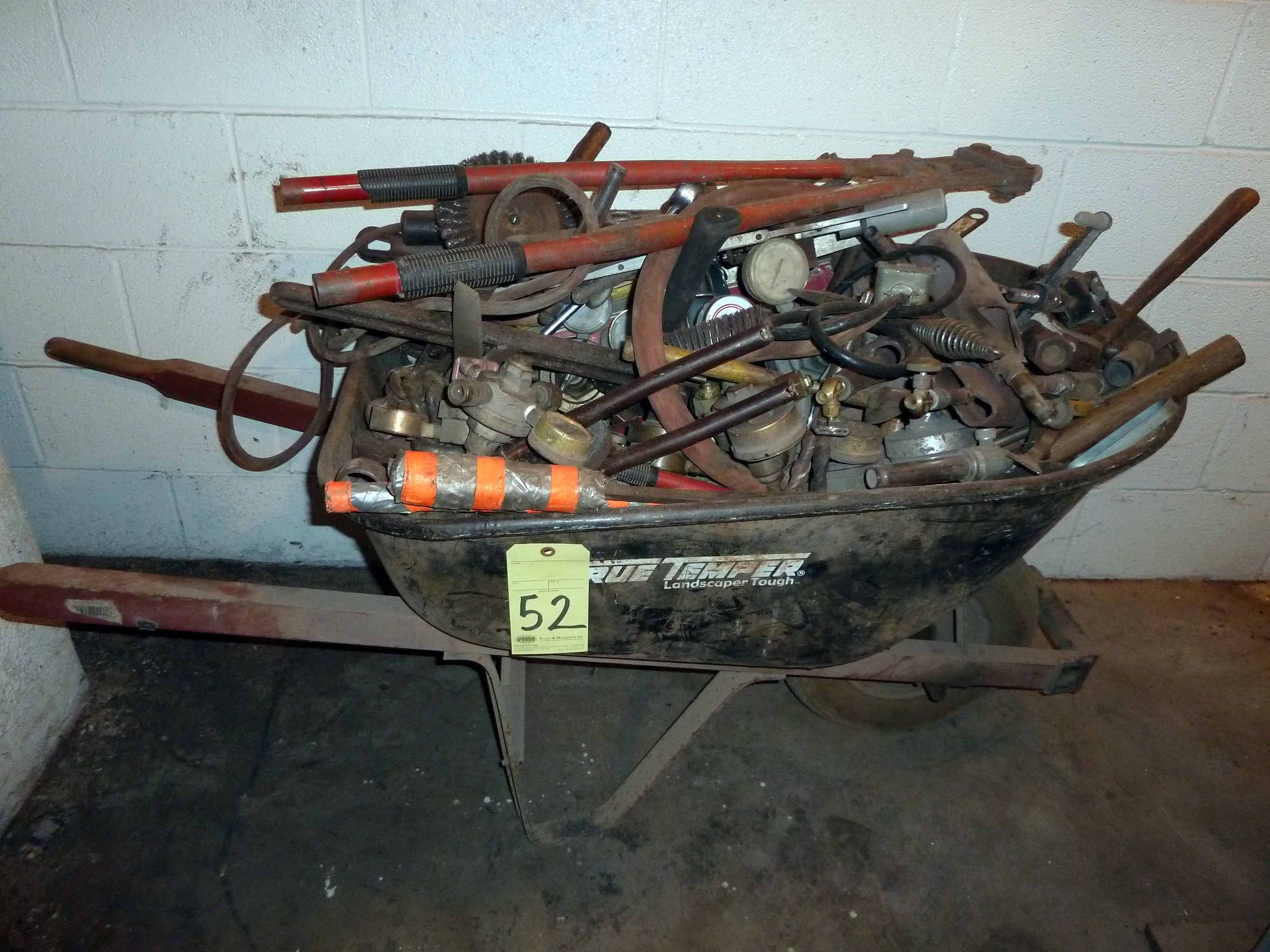 LOT CONSISTING OF BOLT CUTTERS, WRENCHES, LEVELS, PIPE WRENCHES, HAMMERS, ETC. (in wheel barrel)