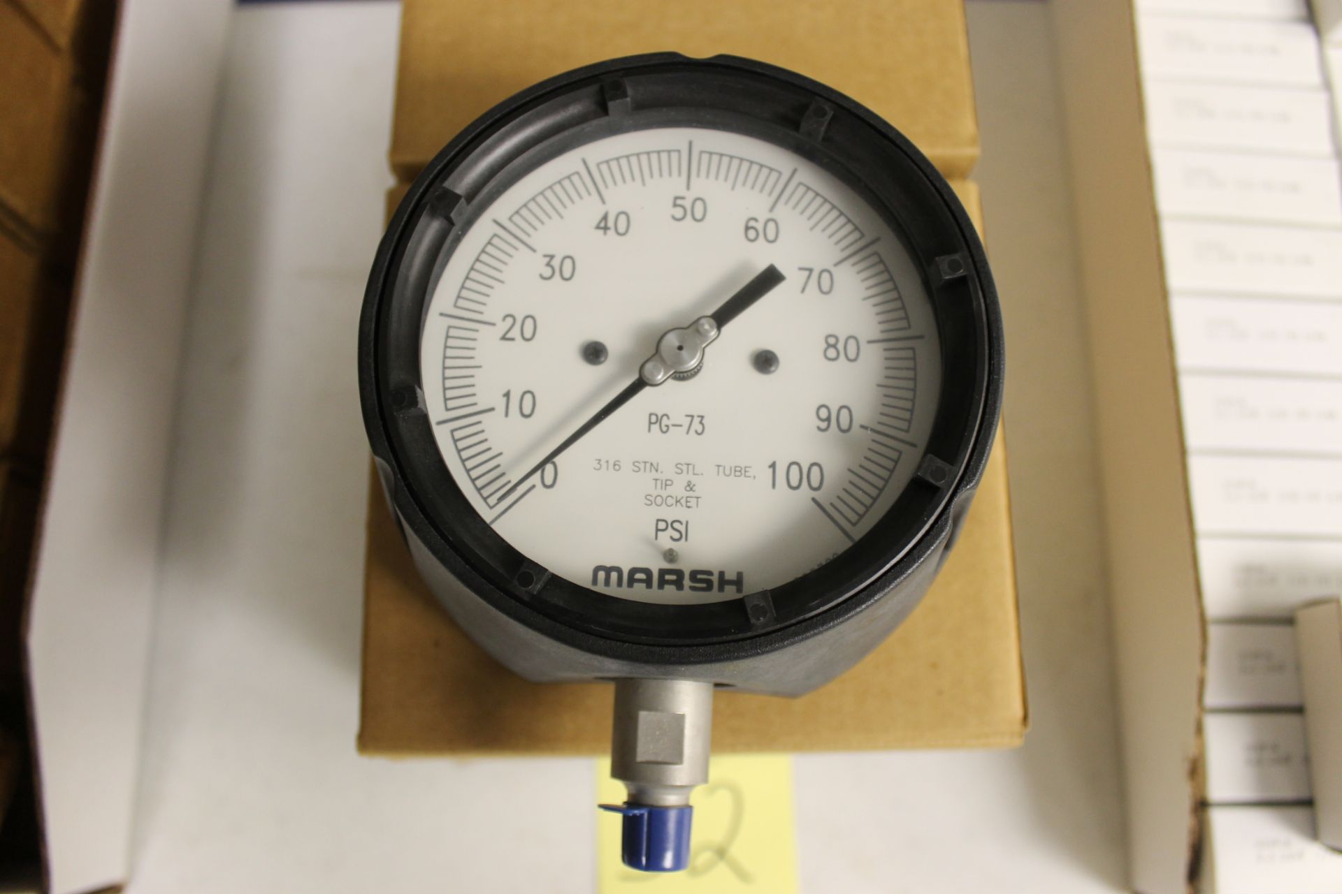 LOT OF UNUSED PRESSURE GAUGES, (Approx. 4) MARSHALLTOWN, 4.5" PROC, 1/4 NPT, 0/100 PSI, bottom