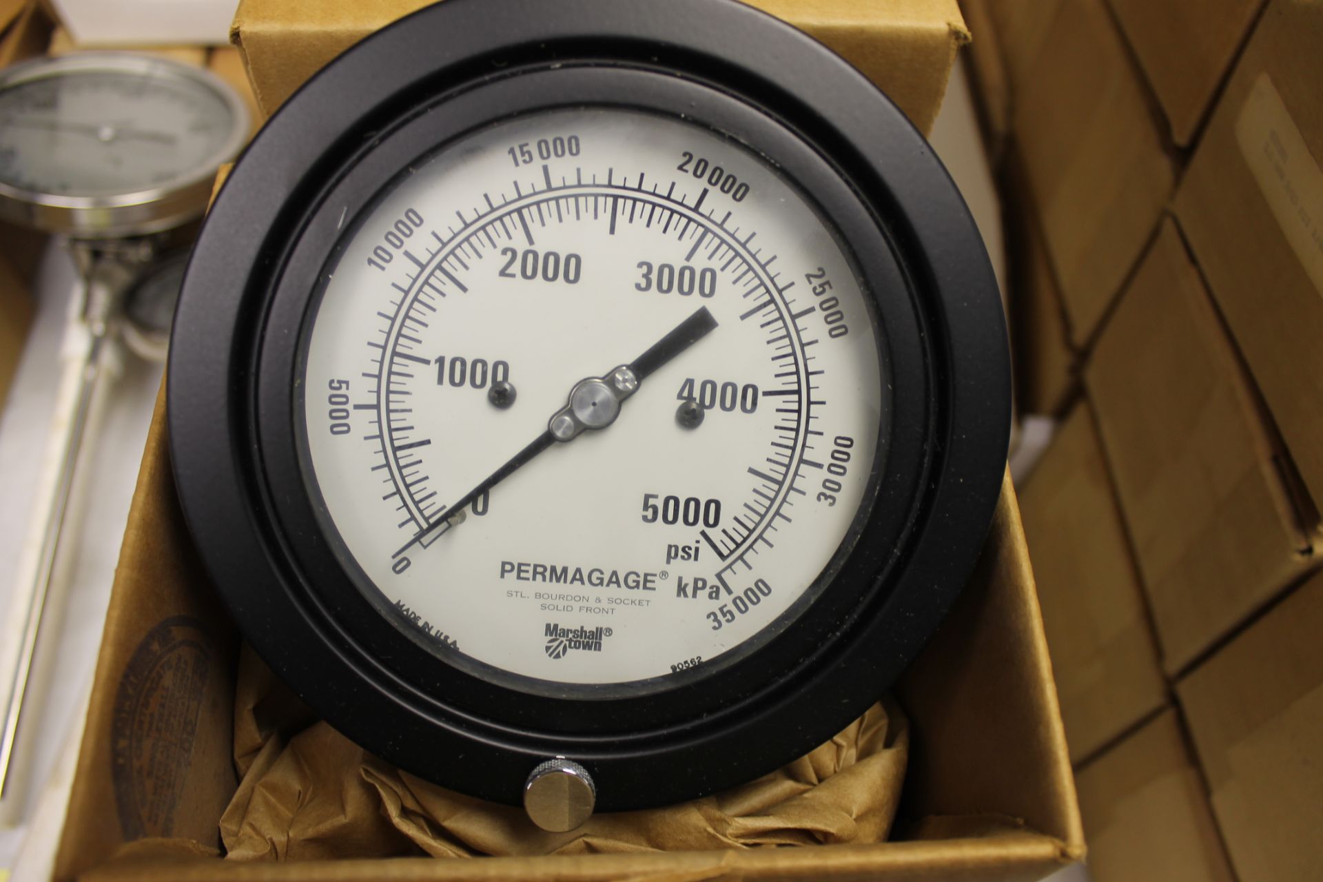 LOT OF UNUSED PRESSURE GAUGES, (Approx. 8)  MARSHALLTOWN, 4-1/2" fic. 177F - 5,000 LB. & KPA ½