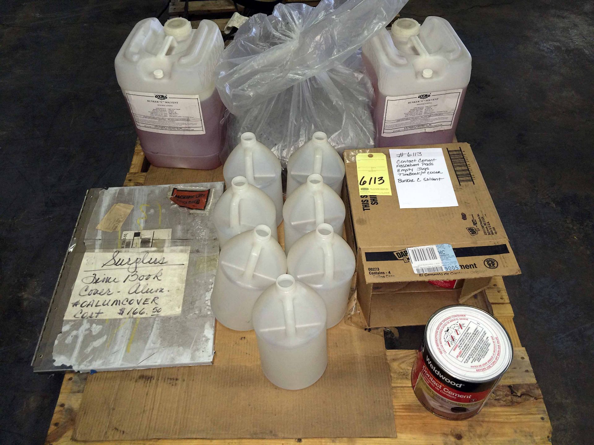 LOT CONSISTING OF CONTACT CEMENT, ABSORBENT PADS, EMPTY JUGS, TIMBOOK w/collar, BUNKER C SOLVENT