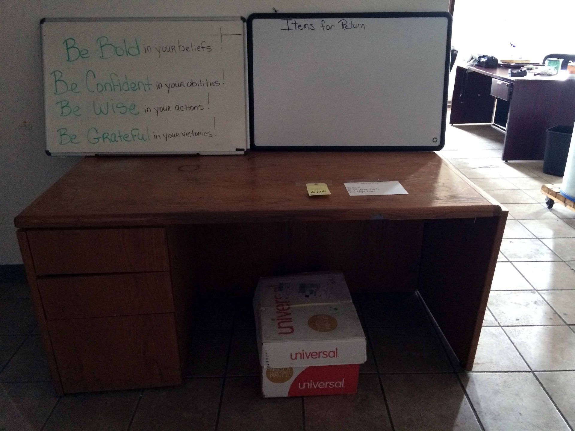 LOT OF OFFICE EQUIPMENT: desk, dry erase boards (2), legal paper (1 case) LOCATED IN LONGVIEW, TX