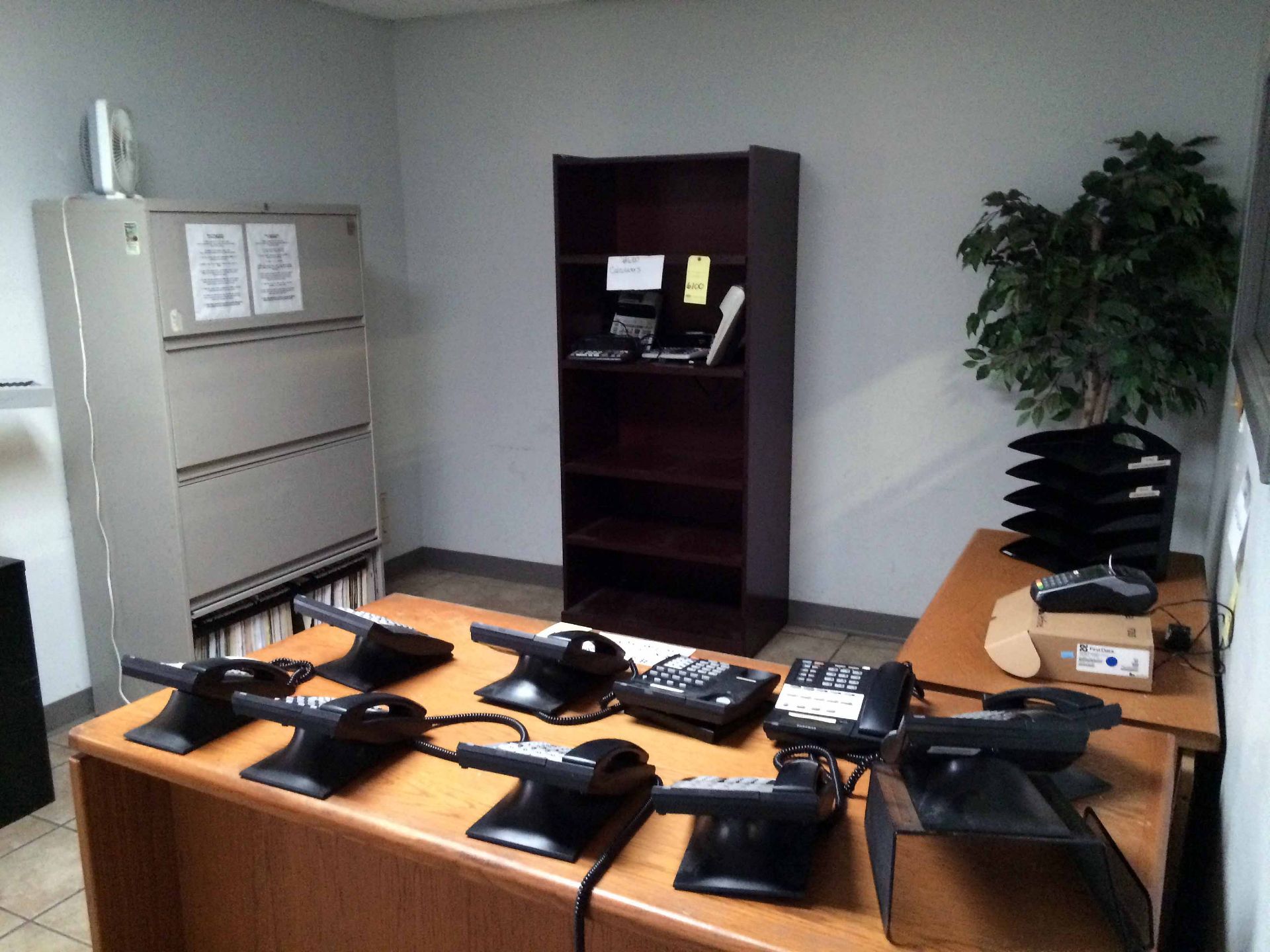 LOT OF OFFICE FURNITURE: desk w/leaf, filing cabinets (2), bookshelf, tree LOCATED IN LONGVIEW, TX