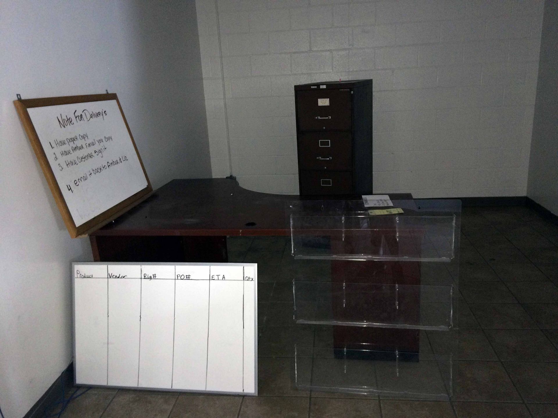 LOT OF OFFICE FURNITURE: desk, filing cabinet, dry erase boards, magazine holder LOCATED IN - Image 2 of 2