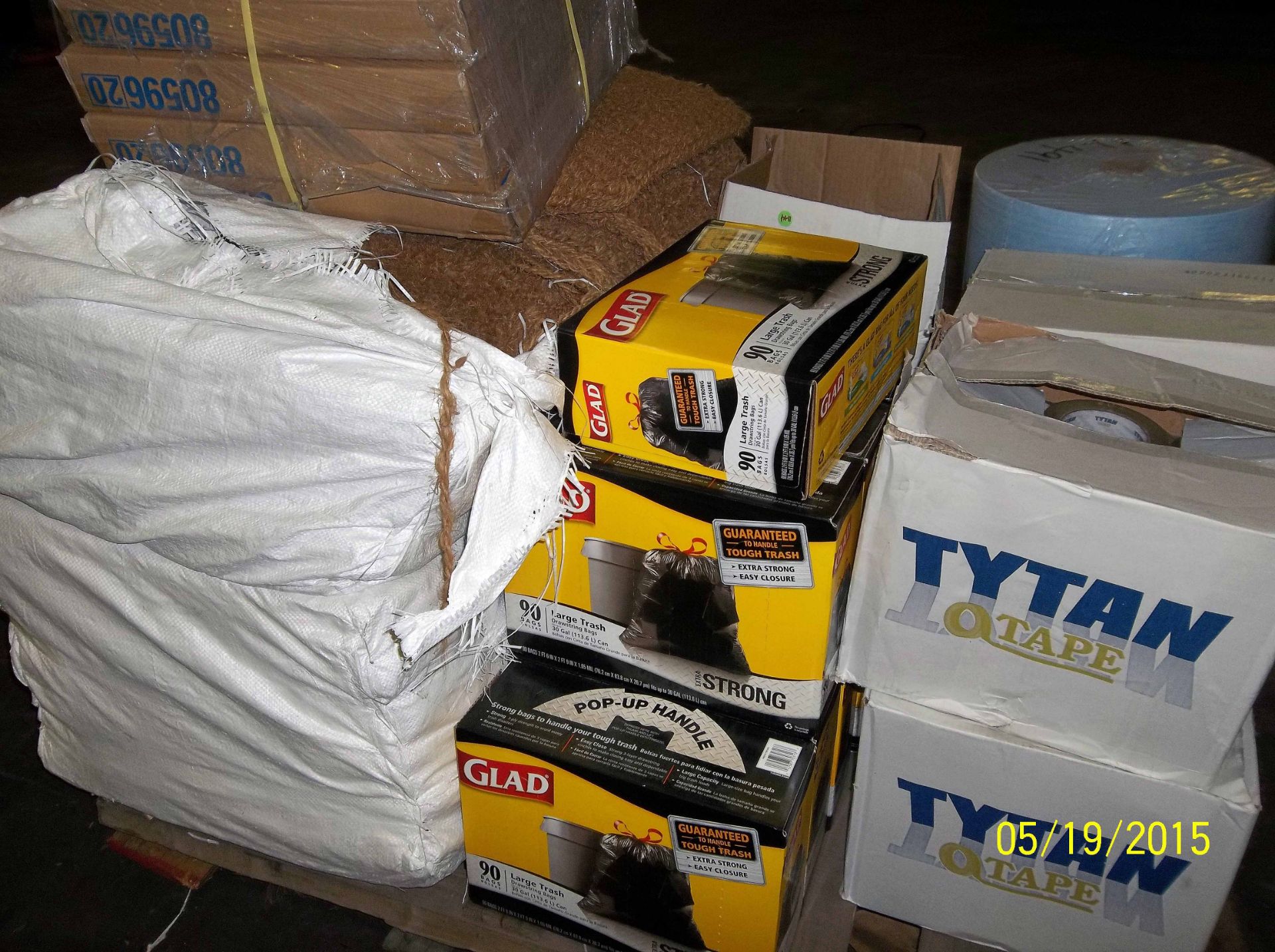 LOT CONSISTING OF PACKING TAPE, TRASH BAGS, COCO MATS, PLASTIC WRAP (for pallets) LOCATED IN