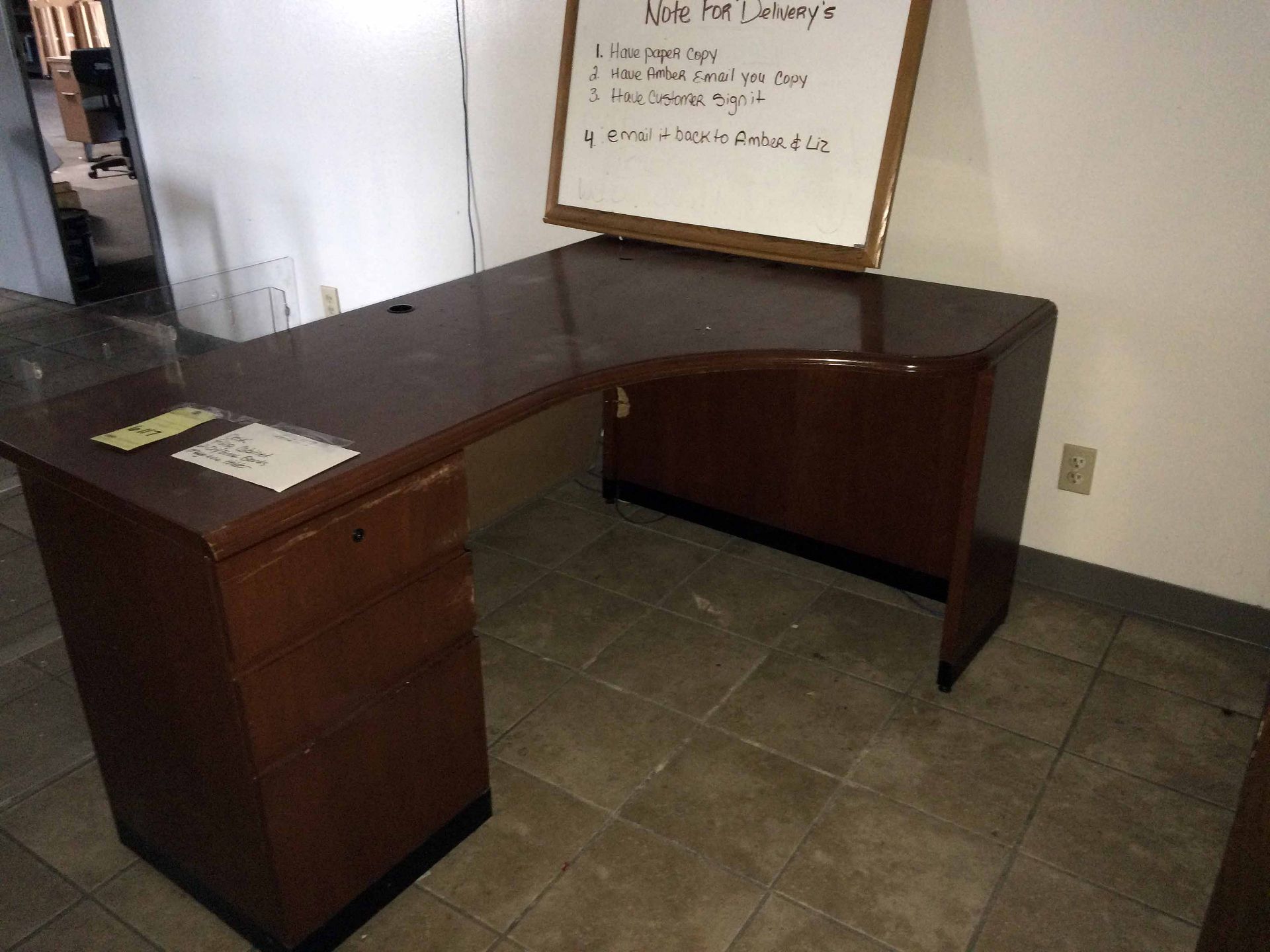 LOT OF OFFICE FURNITURE: desk, filing cabinet, dry erase boards, magazine holder LOCATED IN