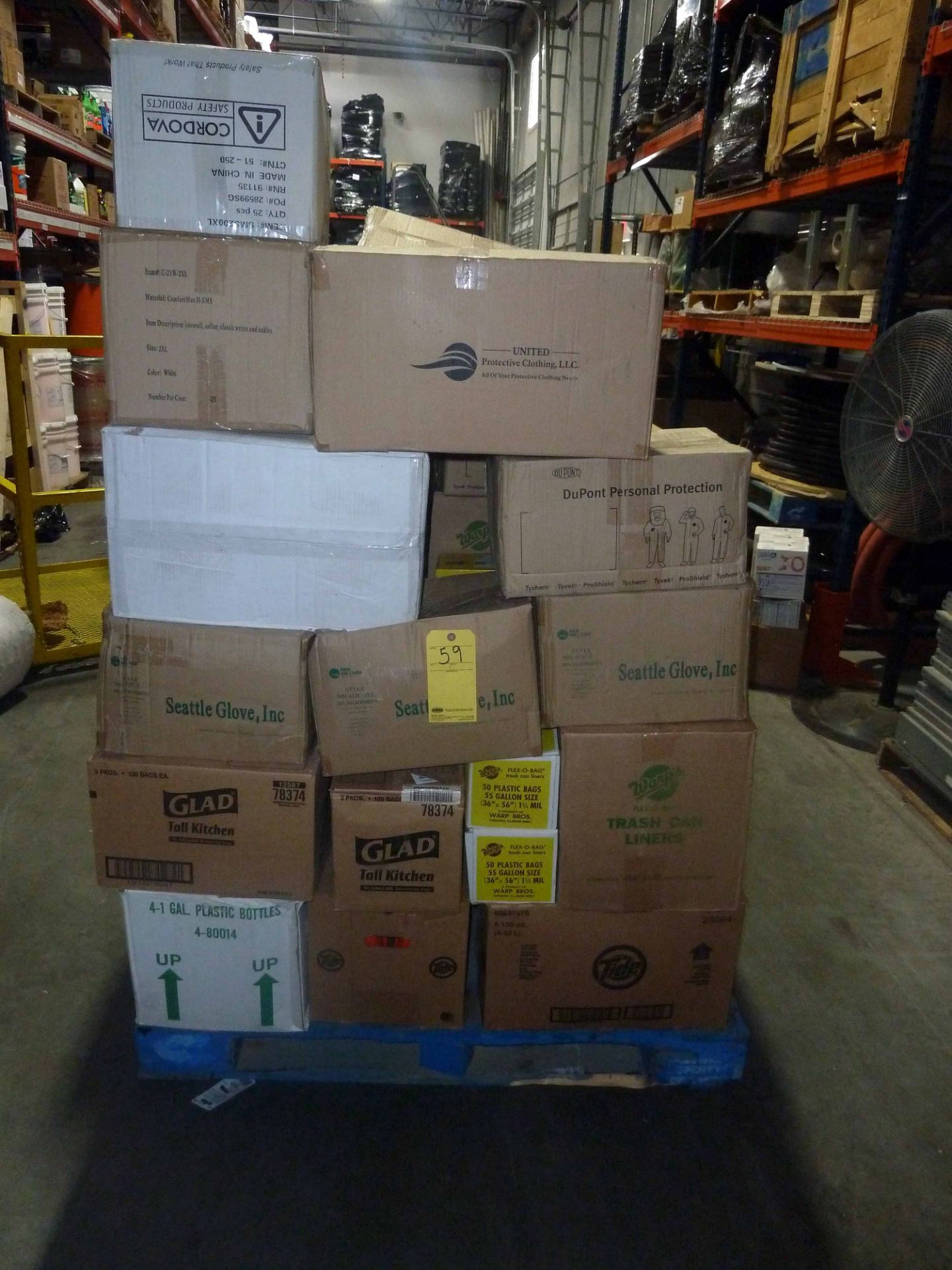 LOT OF CLEANING SUPPLIES: Tyvek suits, trash bags, Lysol, GoJo, bleach, Sud-Ur-Duds  LOCATED IN