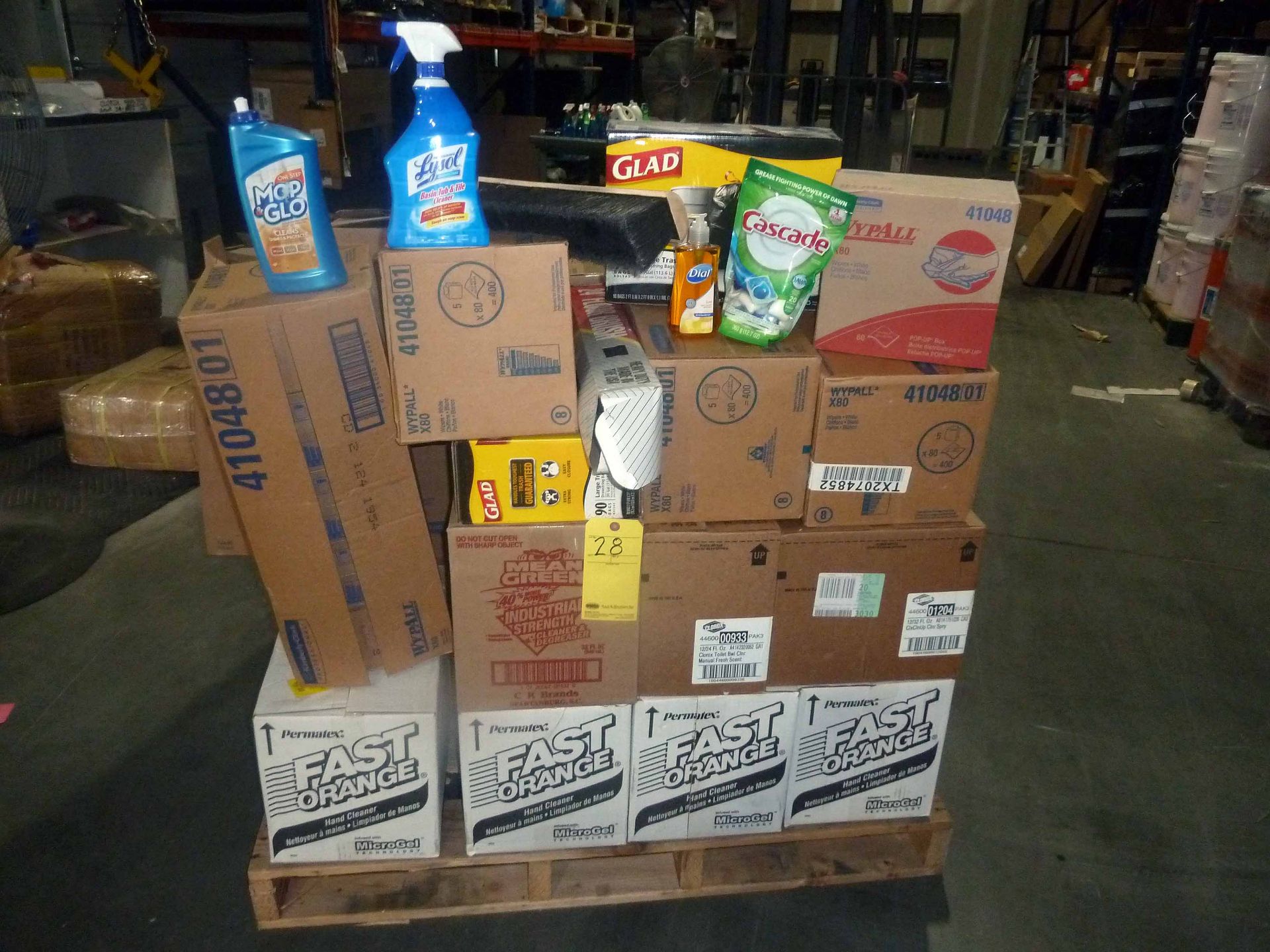 LOT OF CLEANING SUPPLIES: trash bags, hand cleaner, WypAll wipes, hand soap, Clorox spray, Mean