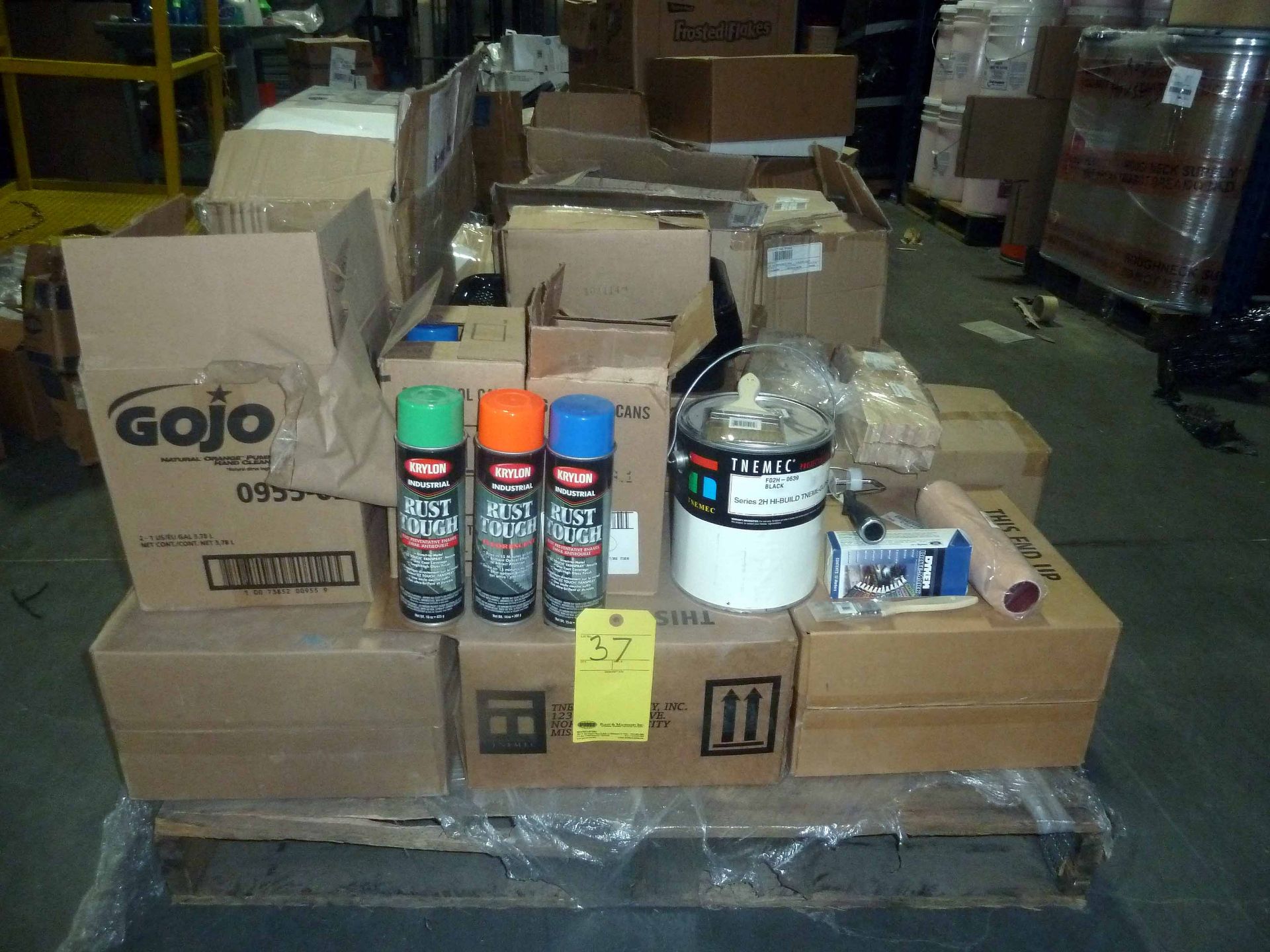 LOT OF PAINTING SUPPLIES: 1 gal. paint cans, spay cans (blue, black, orange, green), paint