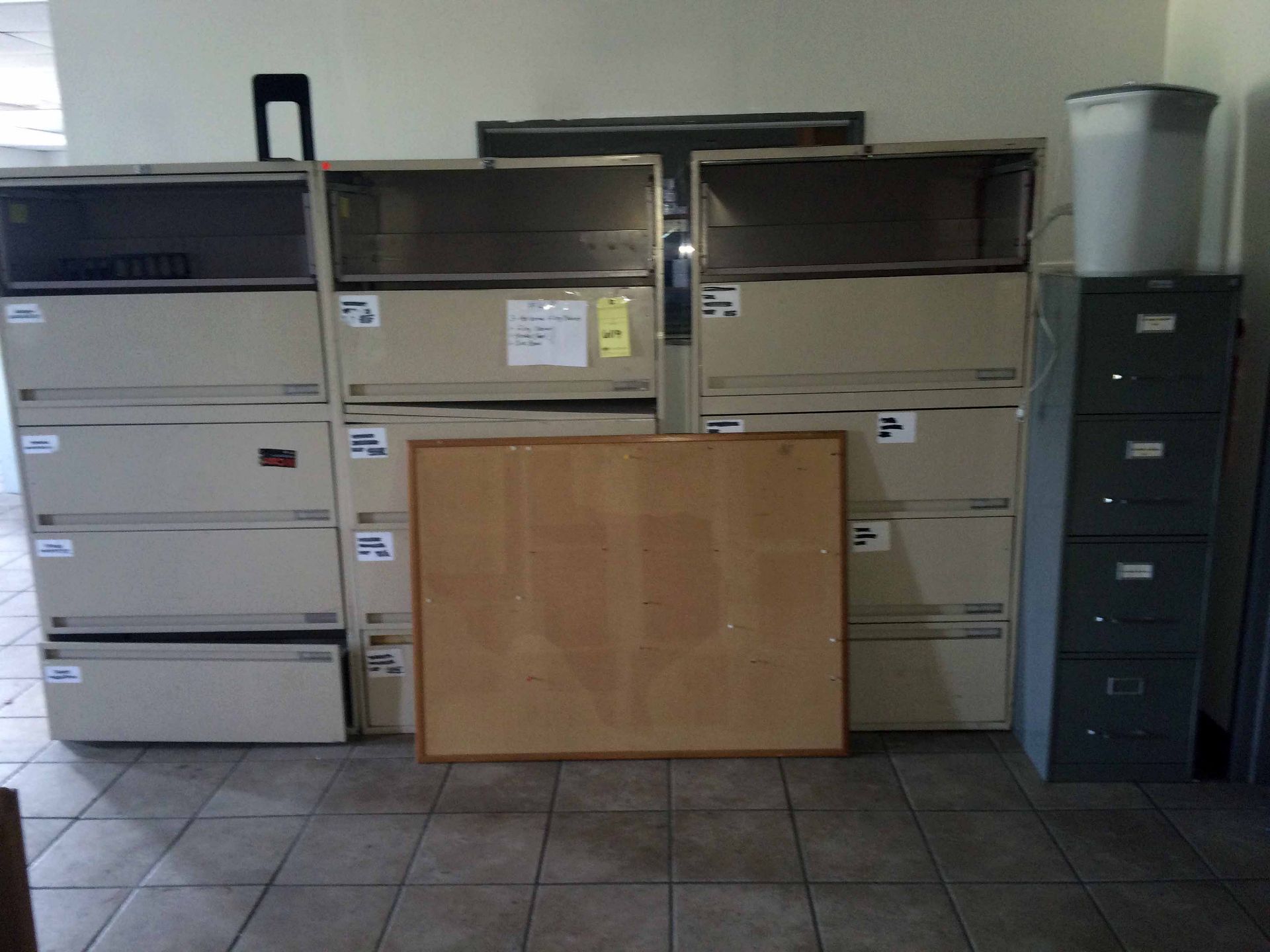 LOT OF OFFICE EQUIPMENT: horizontal filing cabinets (3), filing cabinet, paper shredder, cork