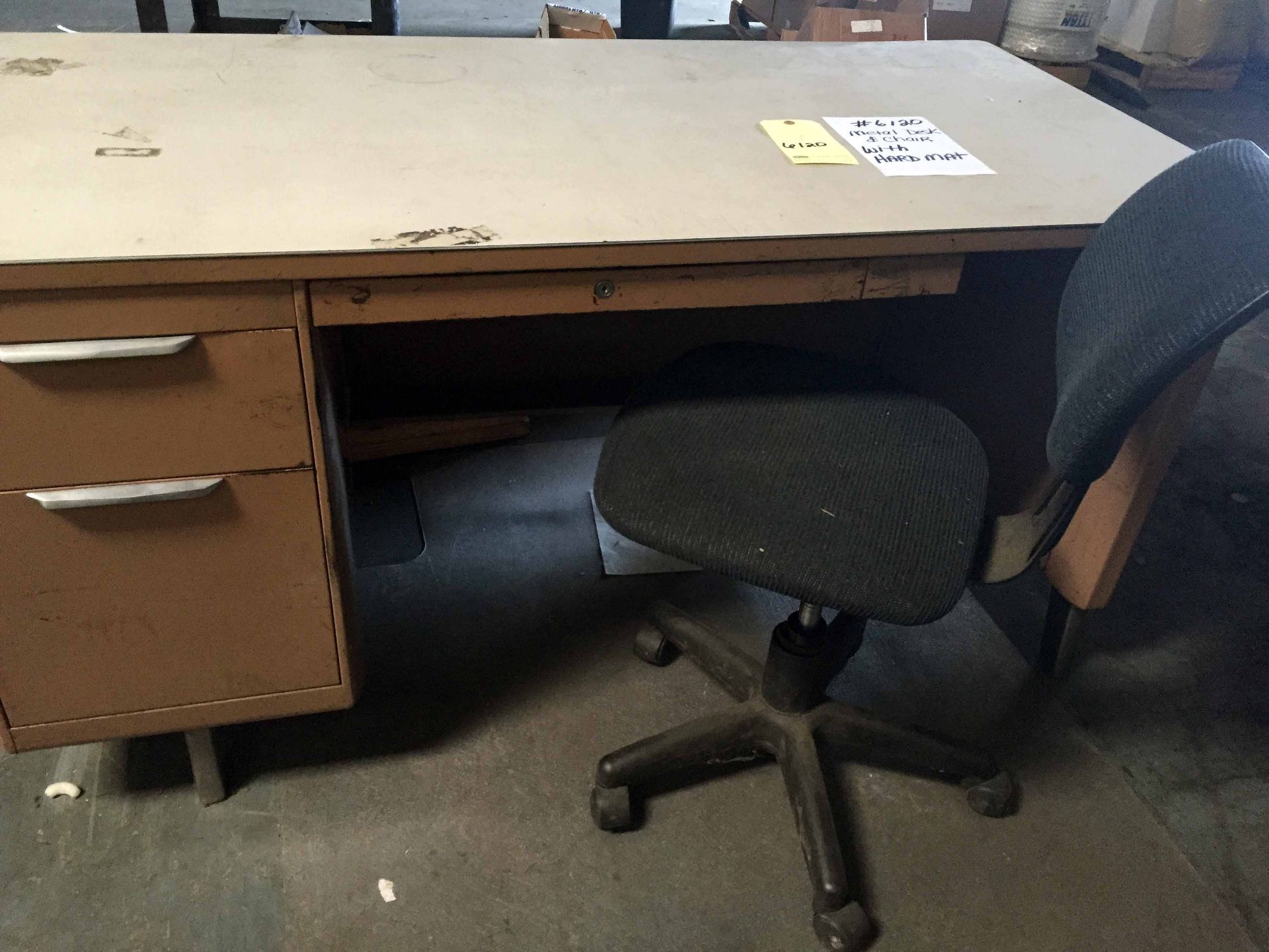 LOT OF OFFICE FURNITURE: metal desk, chair & hard mat LOCATED IN LONGVIEW, TX