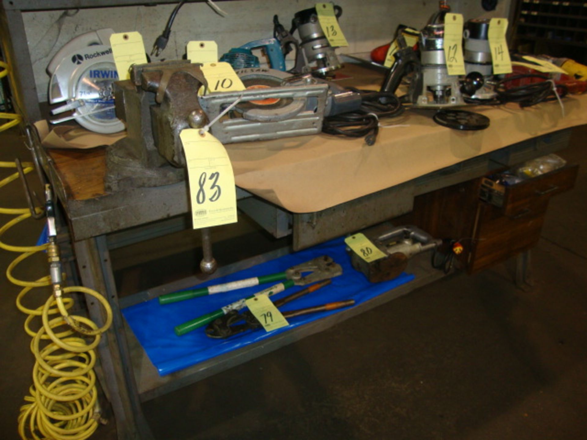 STEEL WORKBENCH, 30" x 72" wood top, w/Reed 4" swivel bench vise  (may not be removed until