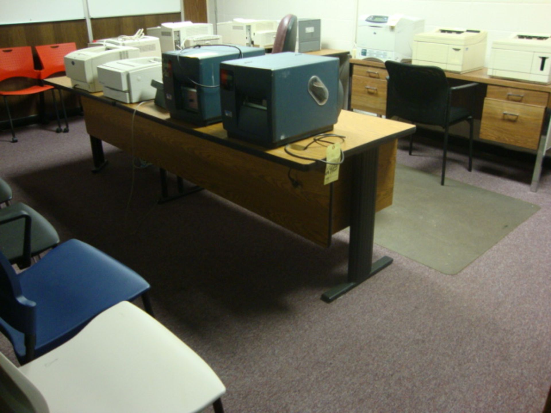 LOT OF OFFICE FURNITURE: desk, chairs, credenza, wood file cabinets