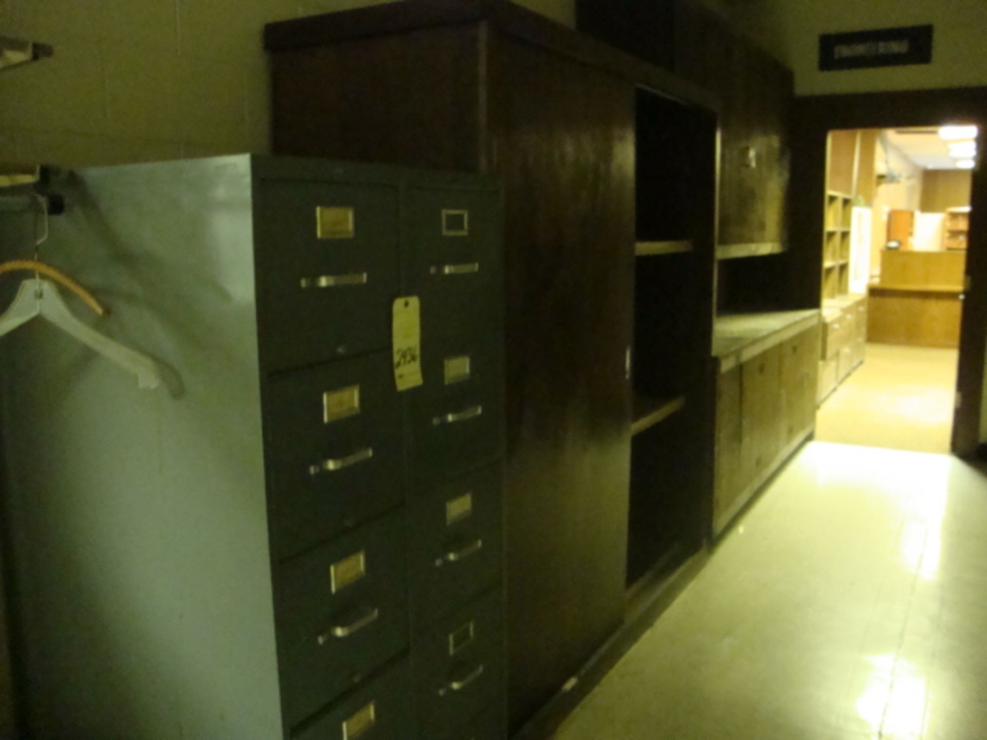 LOT OF OFFICE FURNITURE: file cabinets, blueprint file, cabinet   (located in hallway)