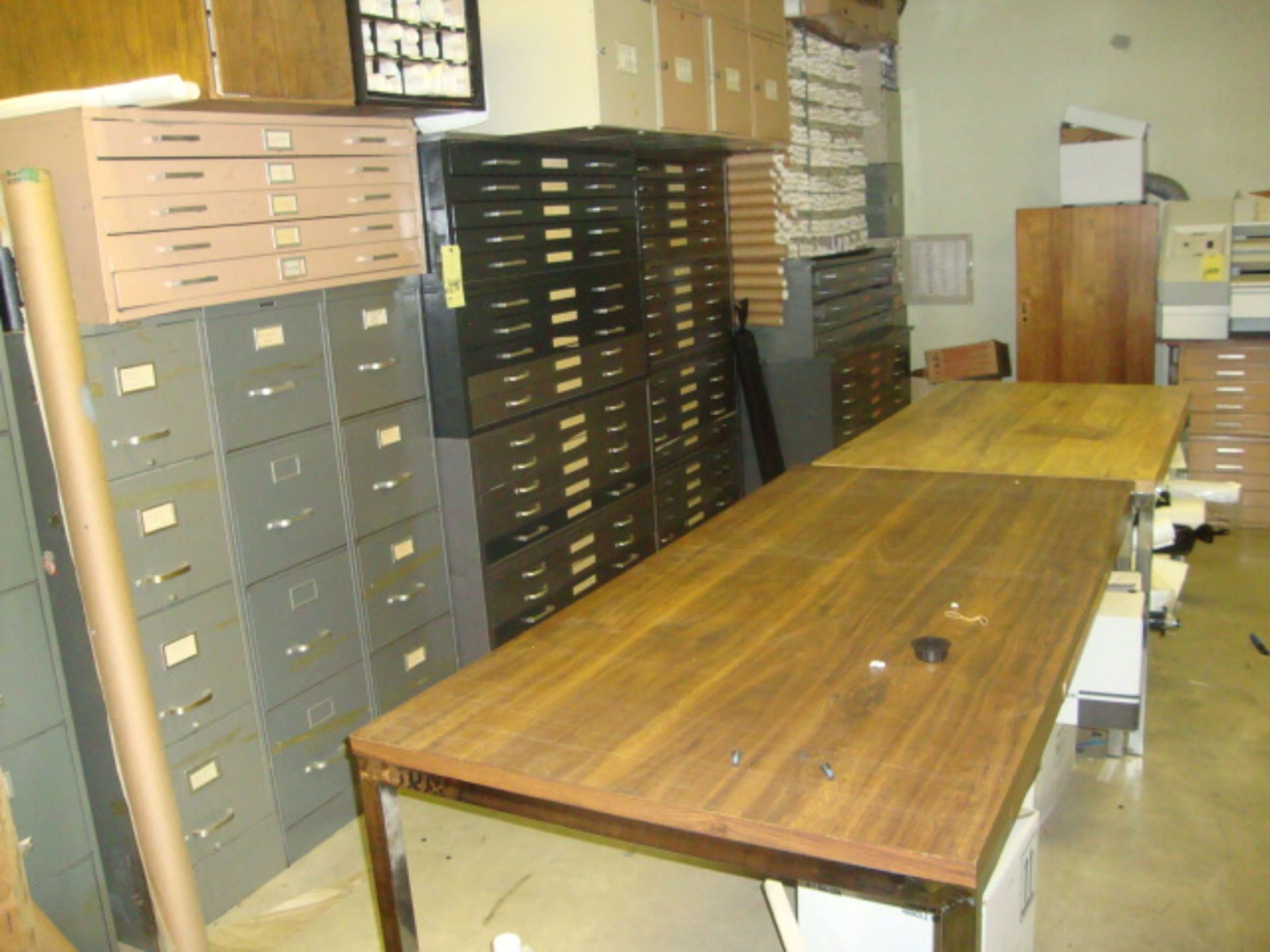 LOT OF OFFICE FURNITURE: file cabinets, blueprint file cabinets, table - Image 2 of 2