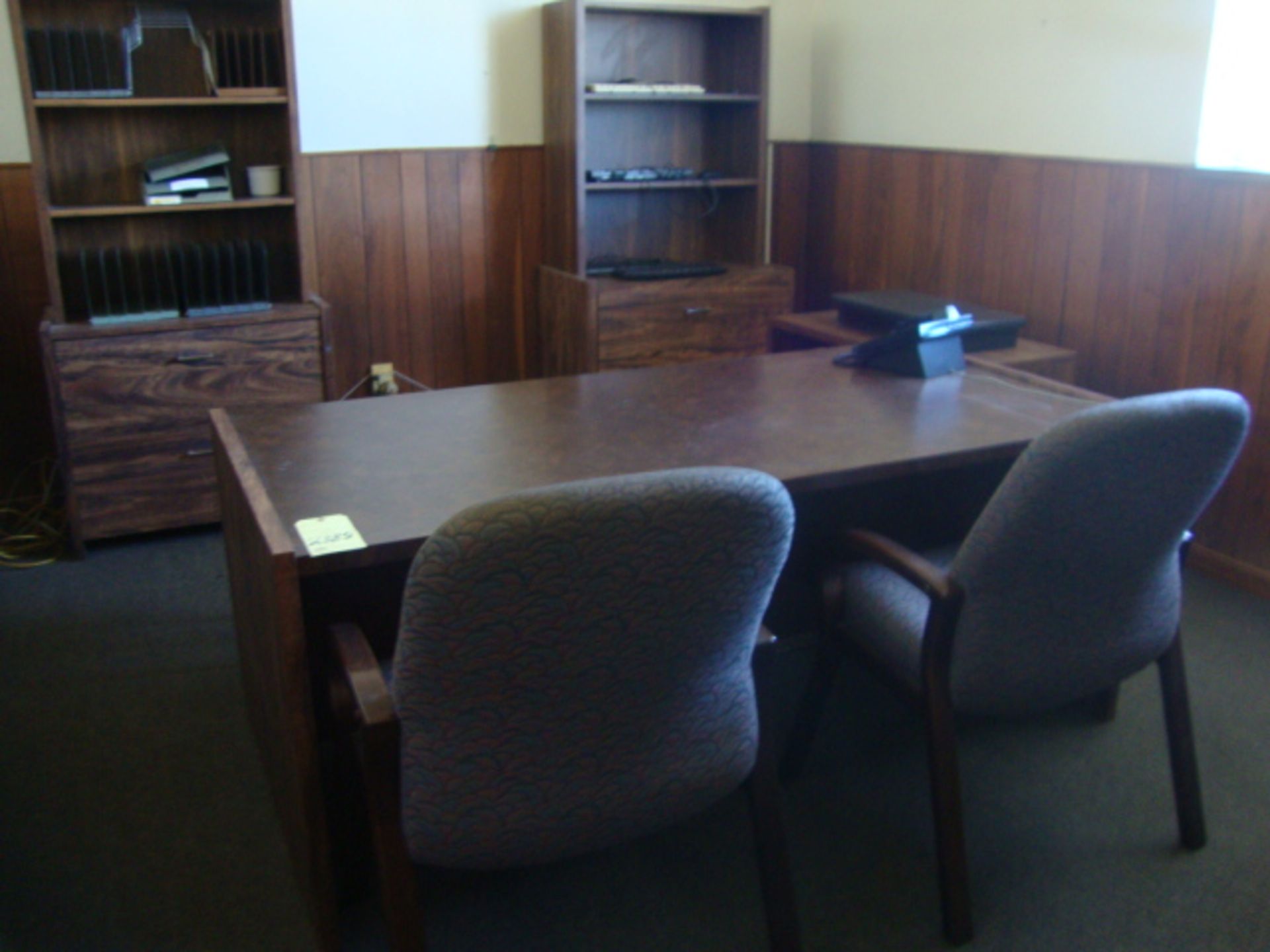 LOT OF OFFICE FURNITURE: desk, chairs, bookcases, fans