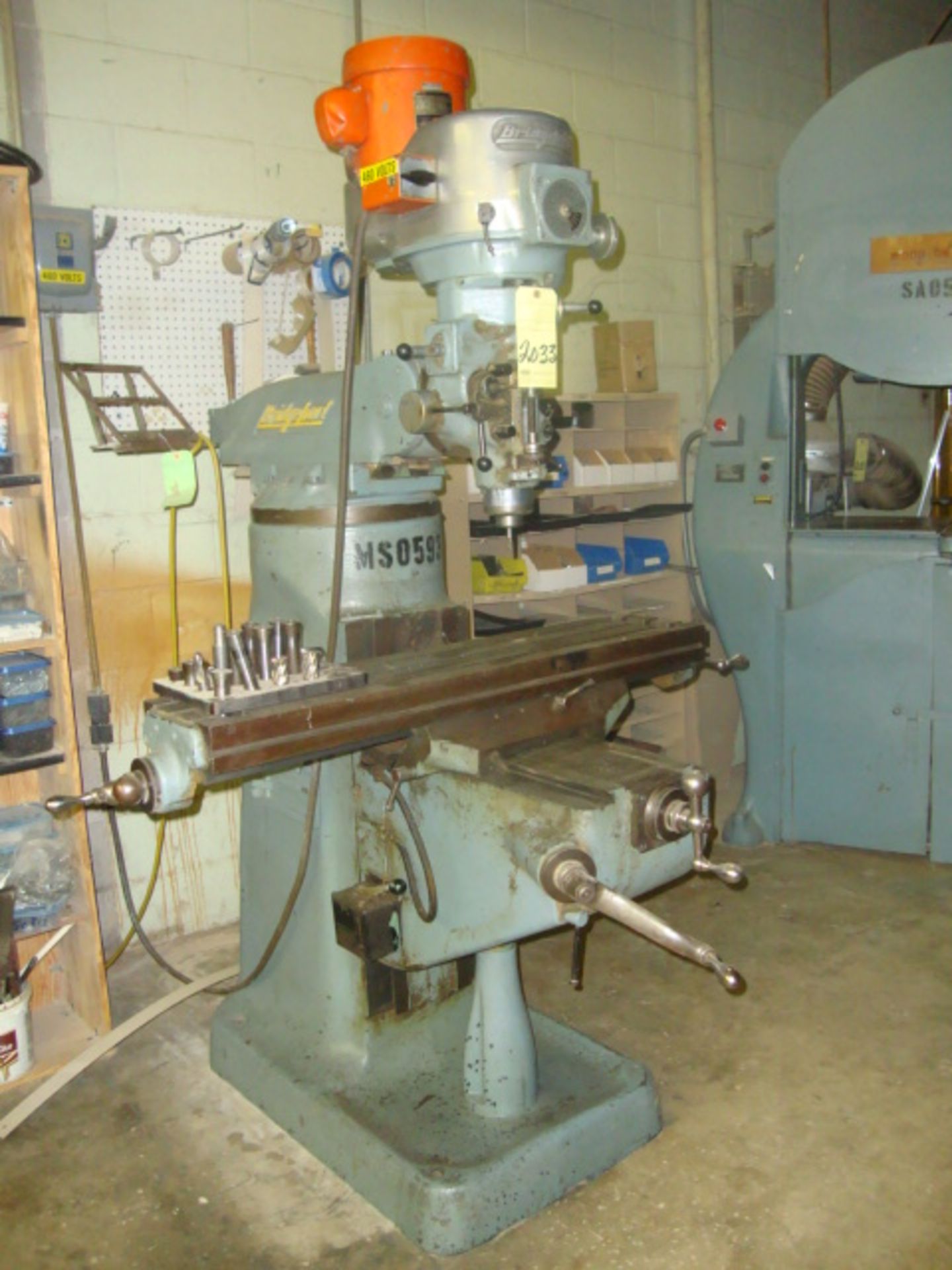 VERTICAL MILL, BRIDGEPORT 2J, 9" x 48" table, variable spd. Head, S/N 124410