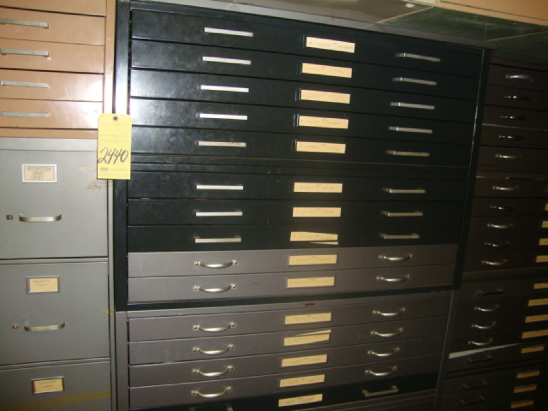 LOT OF OFFICE FURNITURE: file cabinets, blueprint file cabinets, table