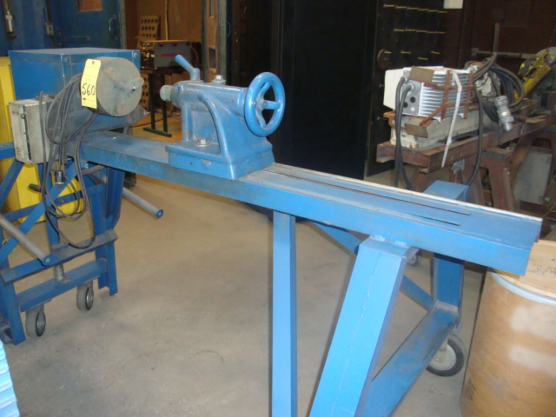 THERMAL SPRAY OVERLAY FIXTURE, CUSTOM, headstock, 3-jaw chuck, tailstock, approx. 55" max. dist.