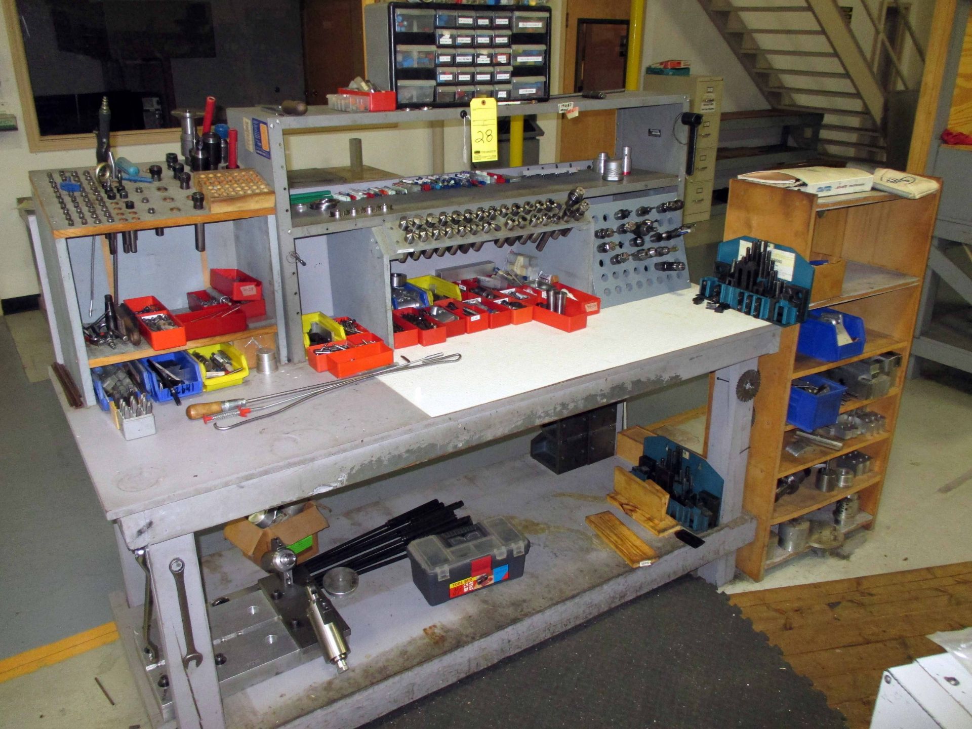 TOOL BENCH, w/tooling, collets, drill bits, fixtures, misc.