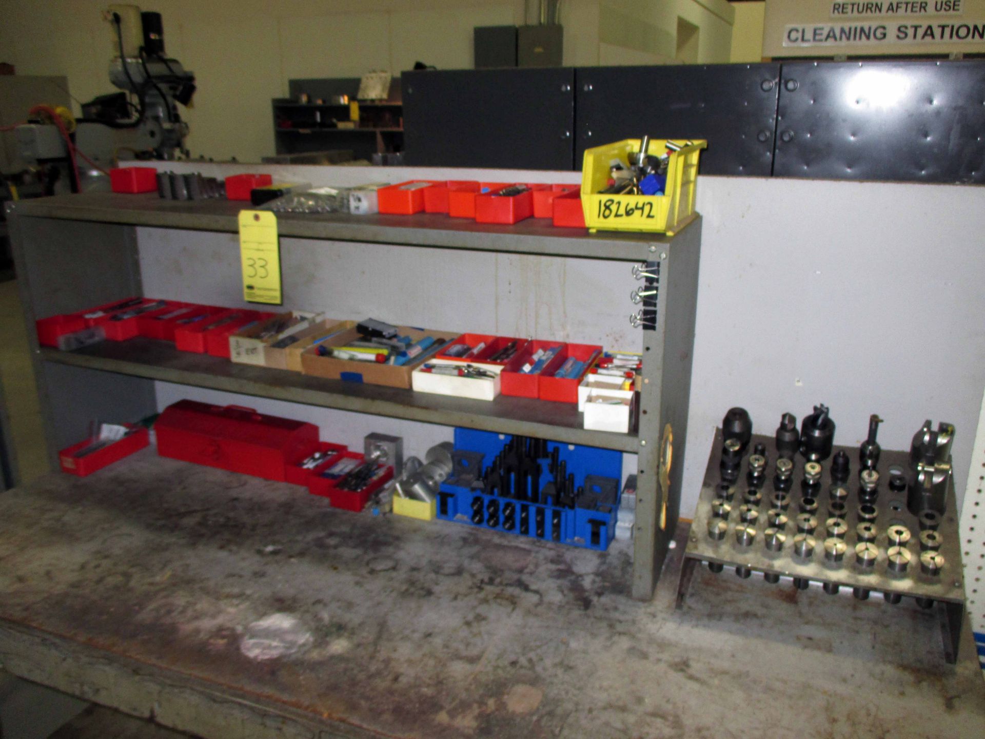 TOOL BENCH, w/tooling, collets, drill bits, misc.