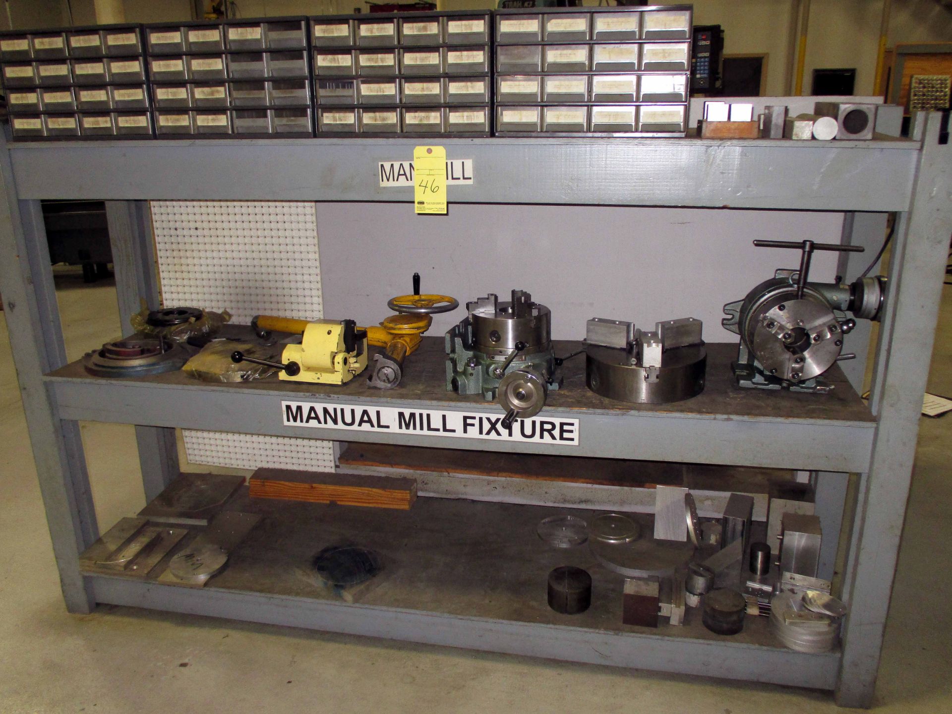 LOT CONTENTS OF WOODEN SHELF, w/tooling, rotary table w/6" chuck, rotary table w/12" chuck, etc.