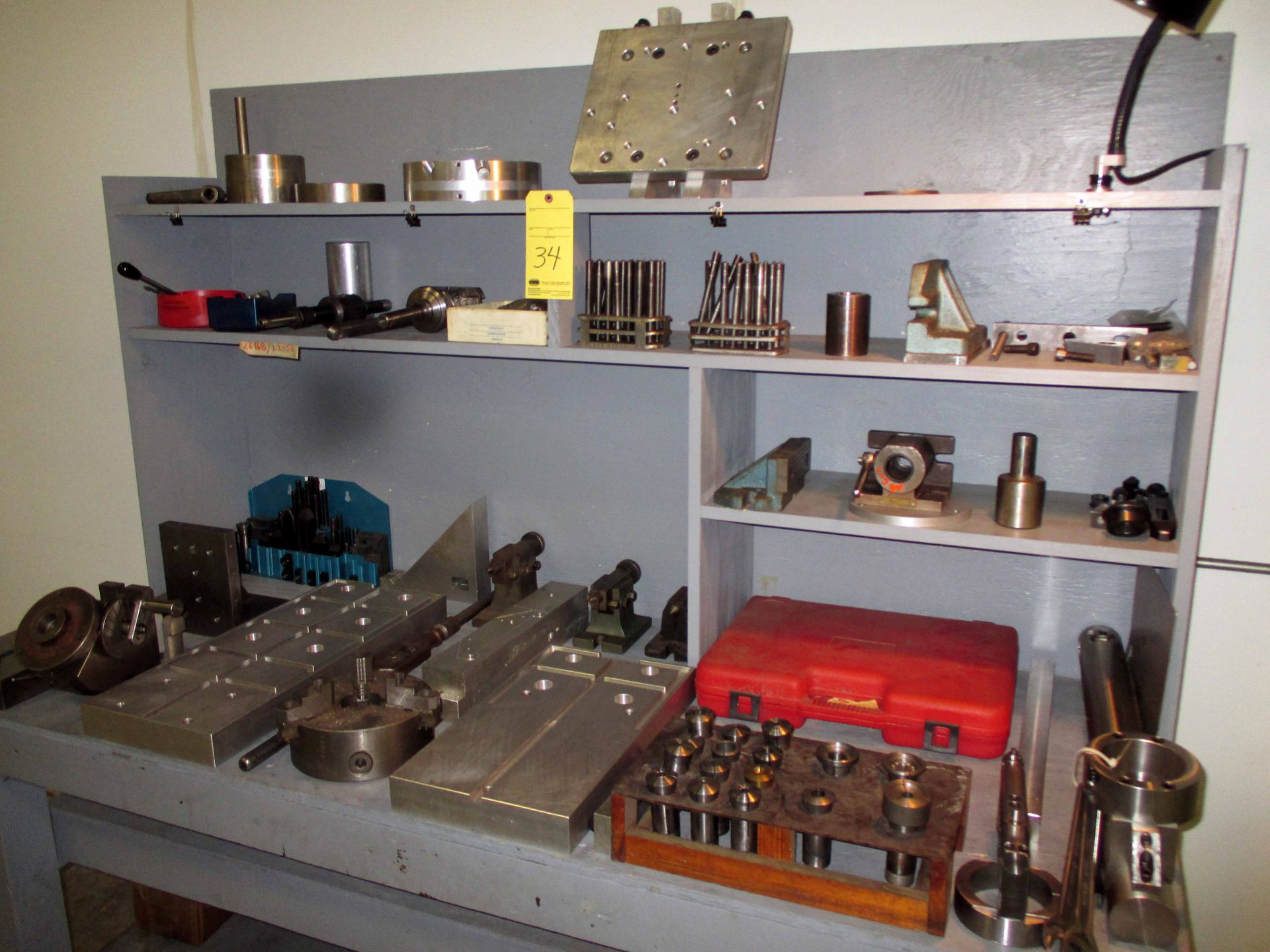 TOOL BENCH, w/tooling, collets, chuck, fixtures, misc.