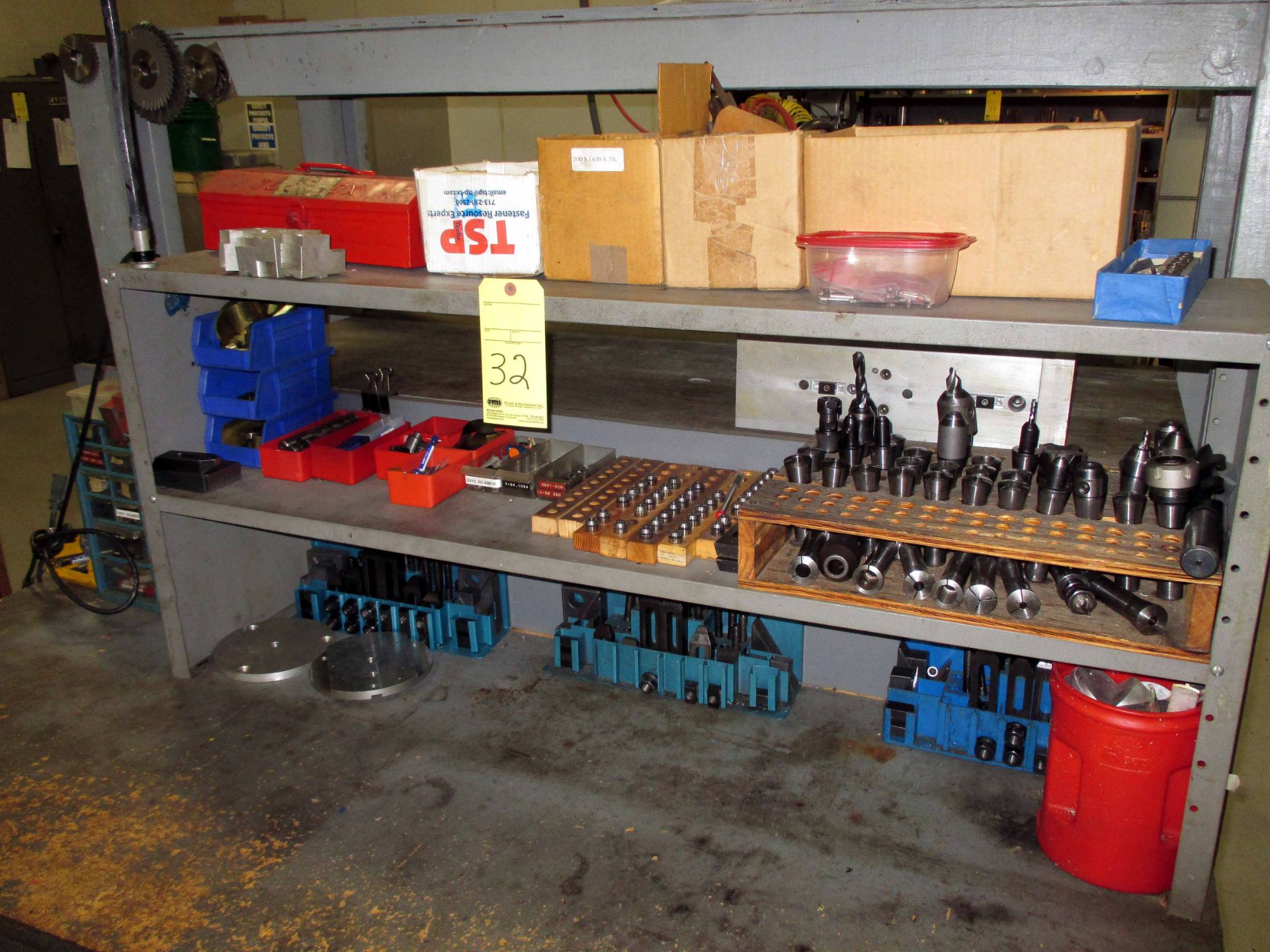 TOOL BENCH, w/tooling, collets, tie-down tooling, drill bits, misc.