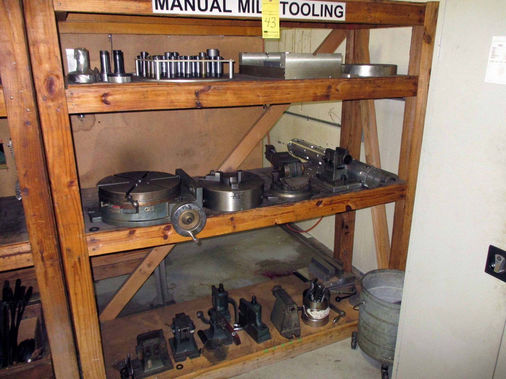 LOT CONTENTS OF WOODEN SHELF, w/tooling, rotary table, chuck, vise, etc.