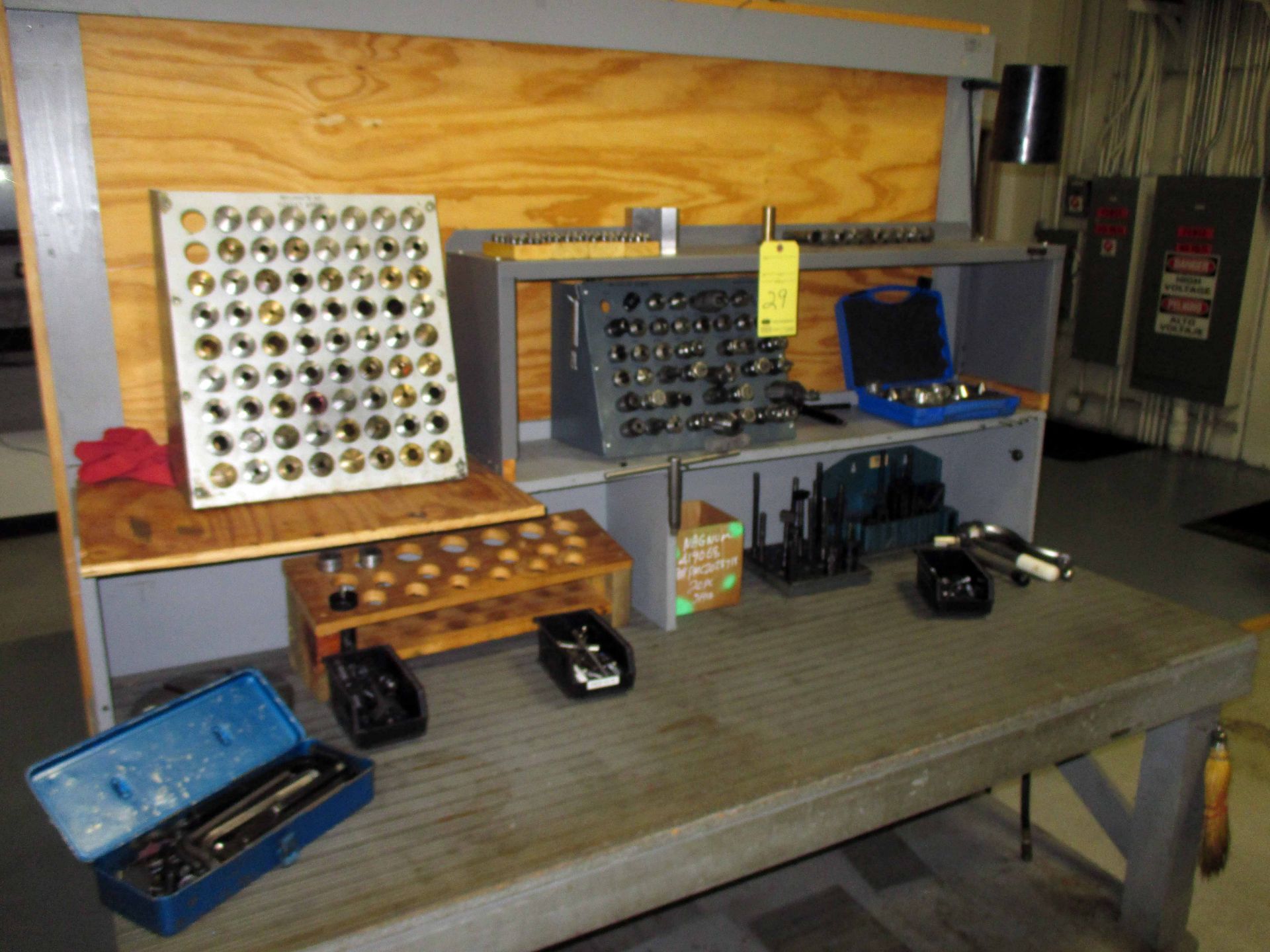 TOOL BENCH, w/tooling, collets, tie-down tooling, misc.