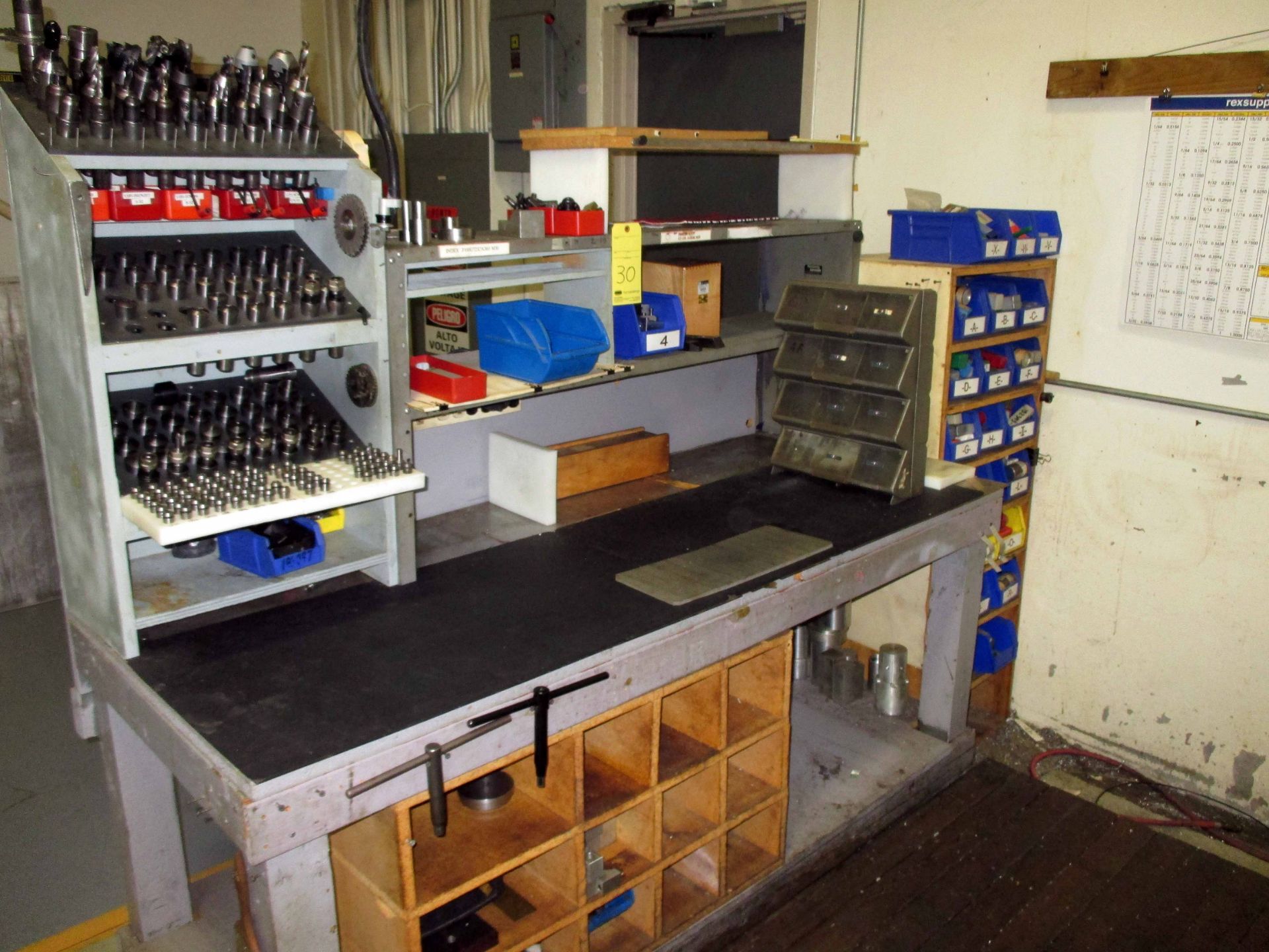 TOOL BENCH, w/tooling, collets, drill ext., drill bits, fixtures, misc.