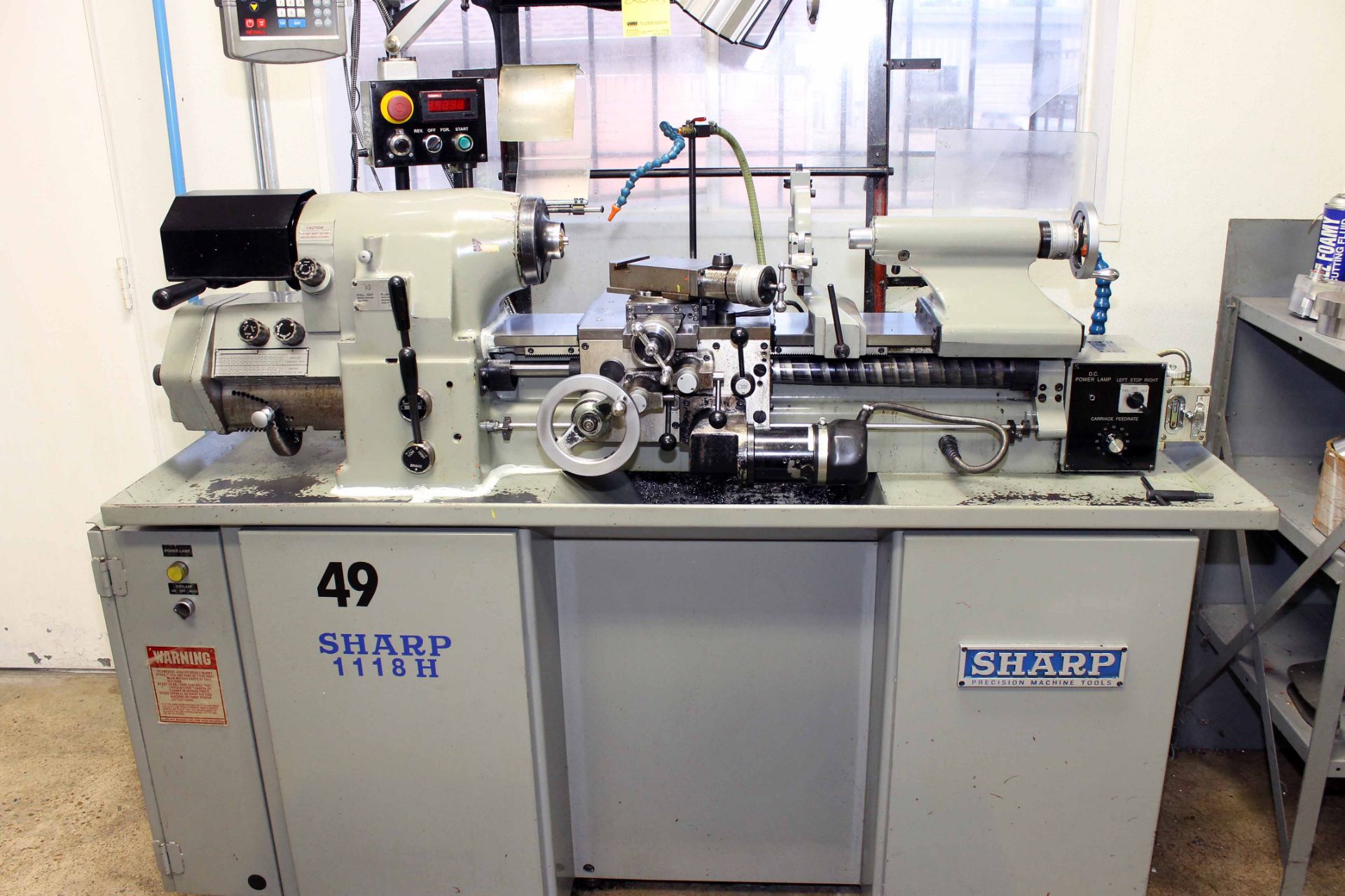 HIGH PRECISION LATHE, SHARP 11â€ x 18â€  MDL. 1118H, inch/metric thdng., Newall 2-axis D.R.O.,