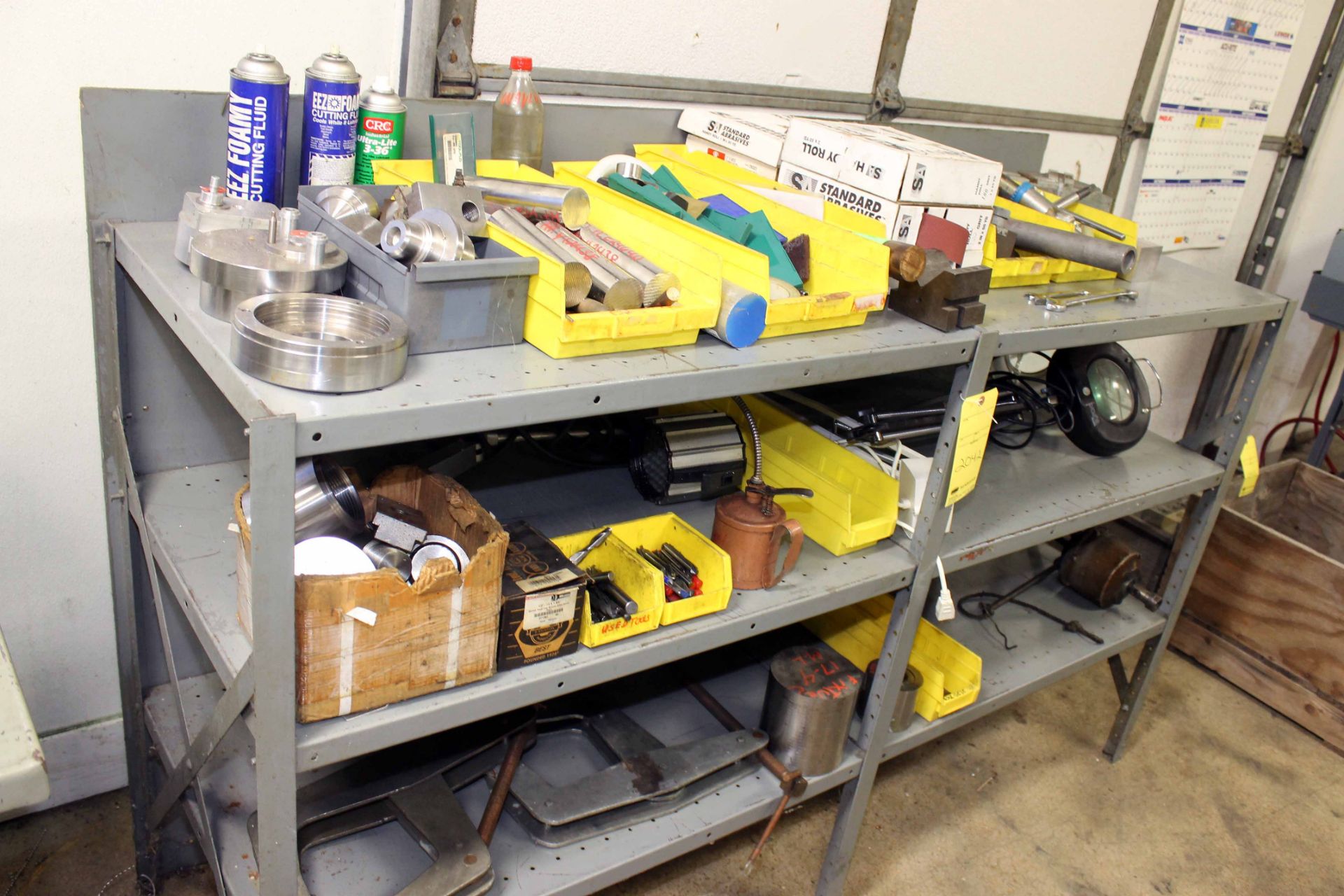 STEEL SHELVING UNIT, w/scrap metal, articulated lights, clamps, abrasives, etc.