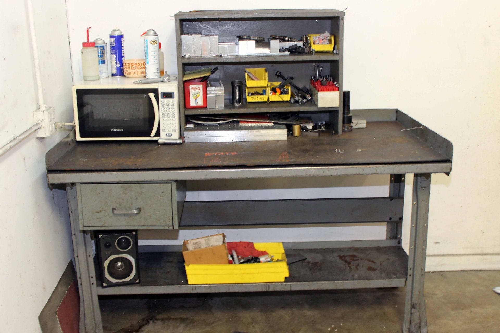 LOT CONSISTING OF STEEL WORKBENCH w/contents & STEEL SHELVING UNIT