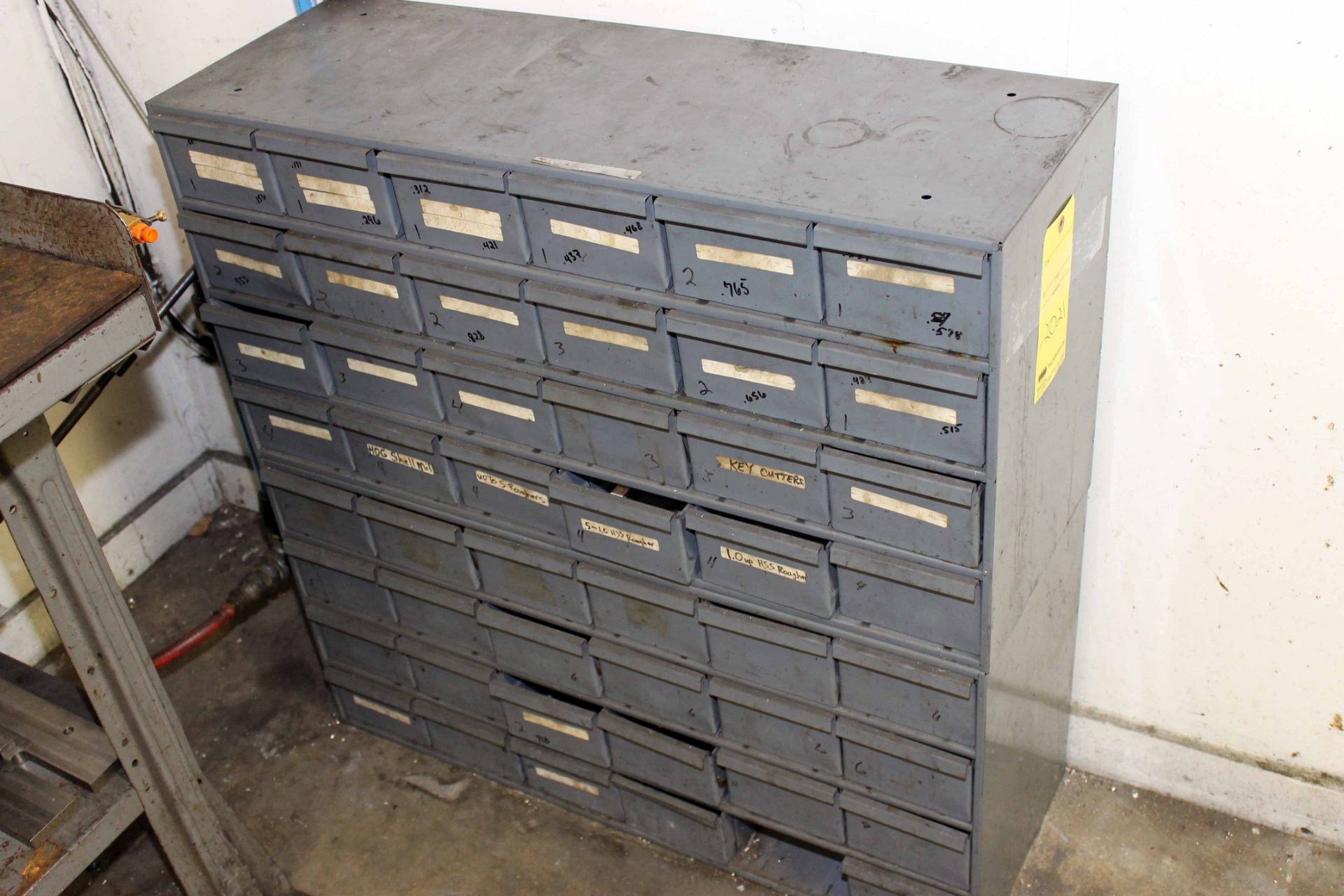 STEEL PARTS CABINET, w/end mills & assorted tooling