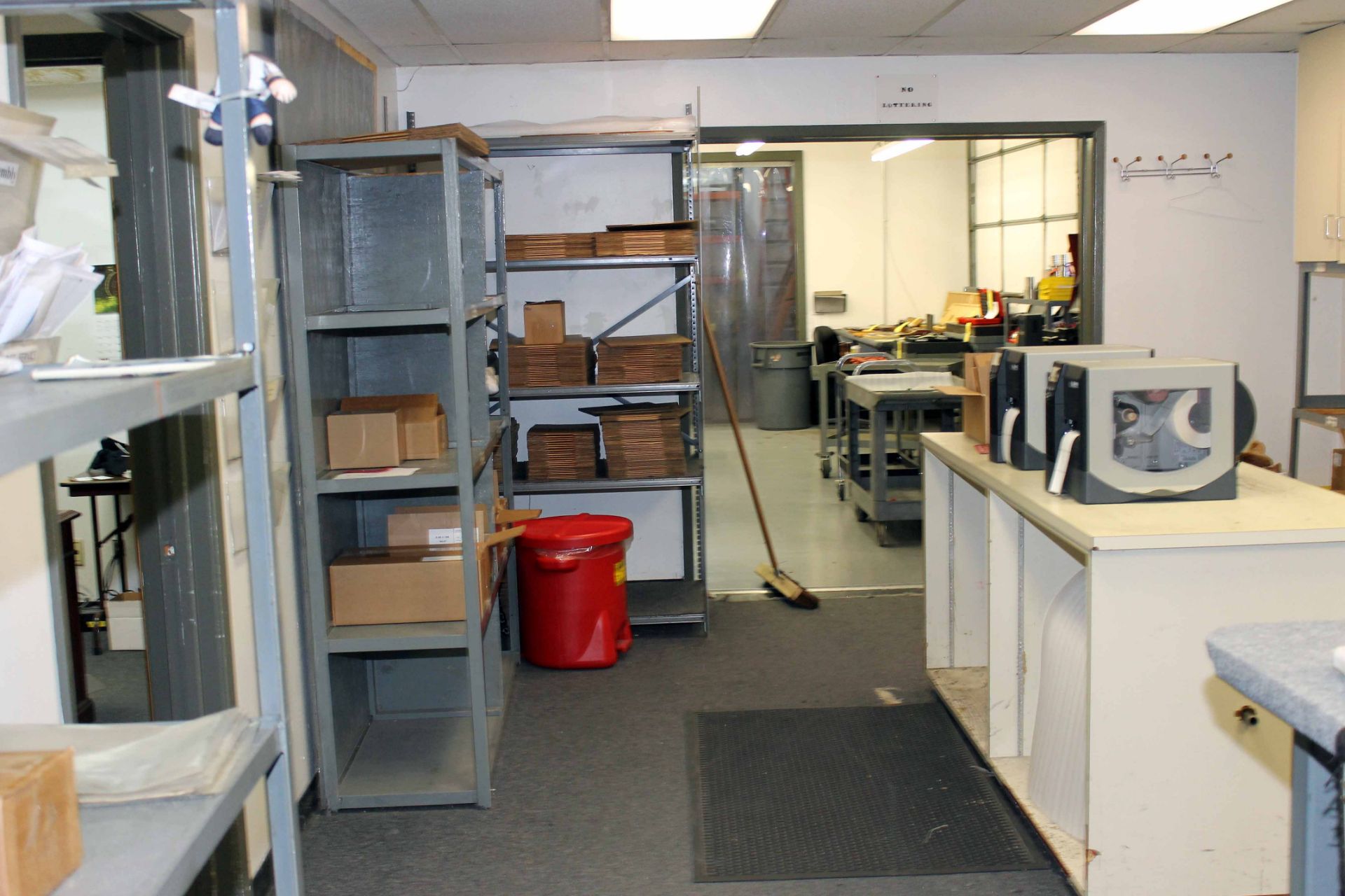 LOT REMAINING CONTENTS OF SHIPPING ROOM: 4' x 8' steel table, steel shelving units, packing - Image 2 of 3