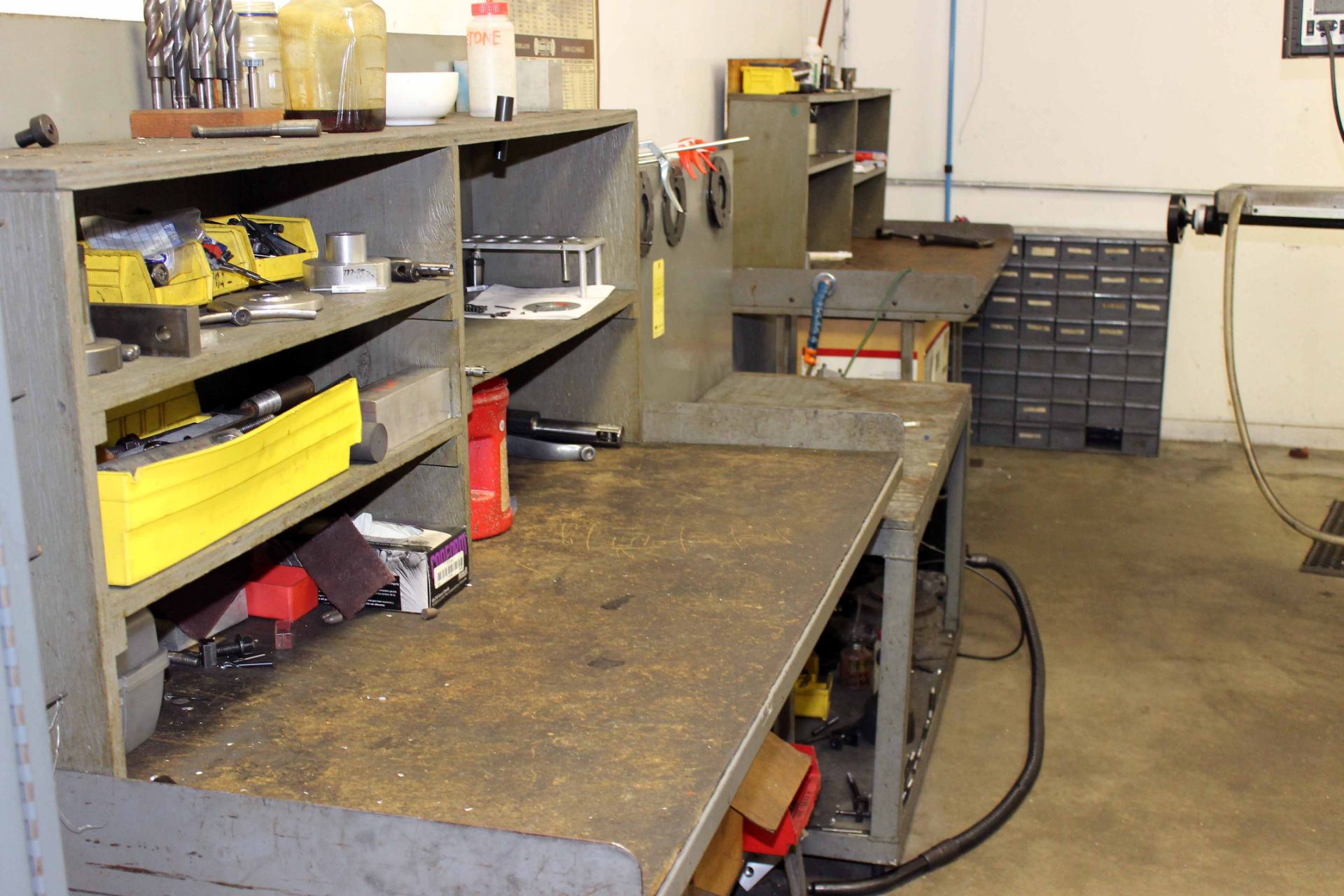 LOT OF STEEL WORKTABLES (3), w/fixtures, hold-downs, shop vacuums & repairable items