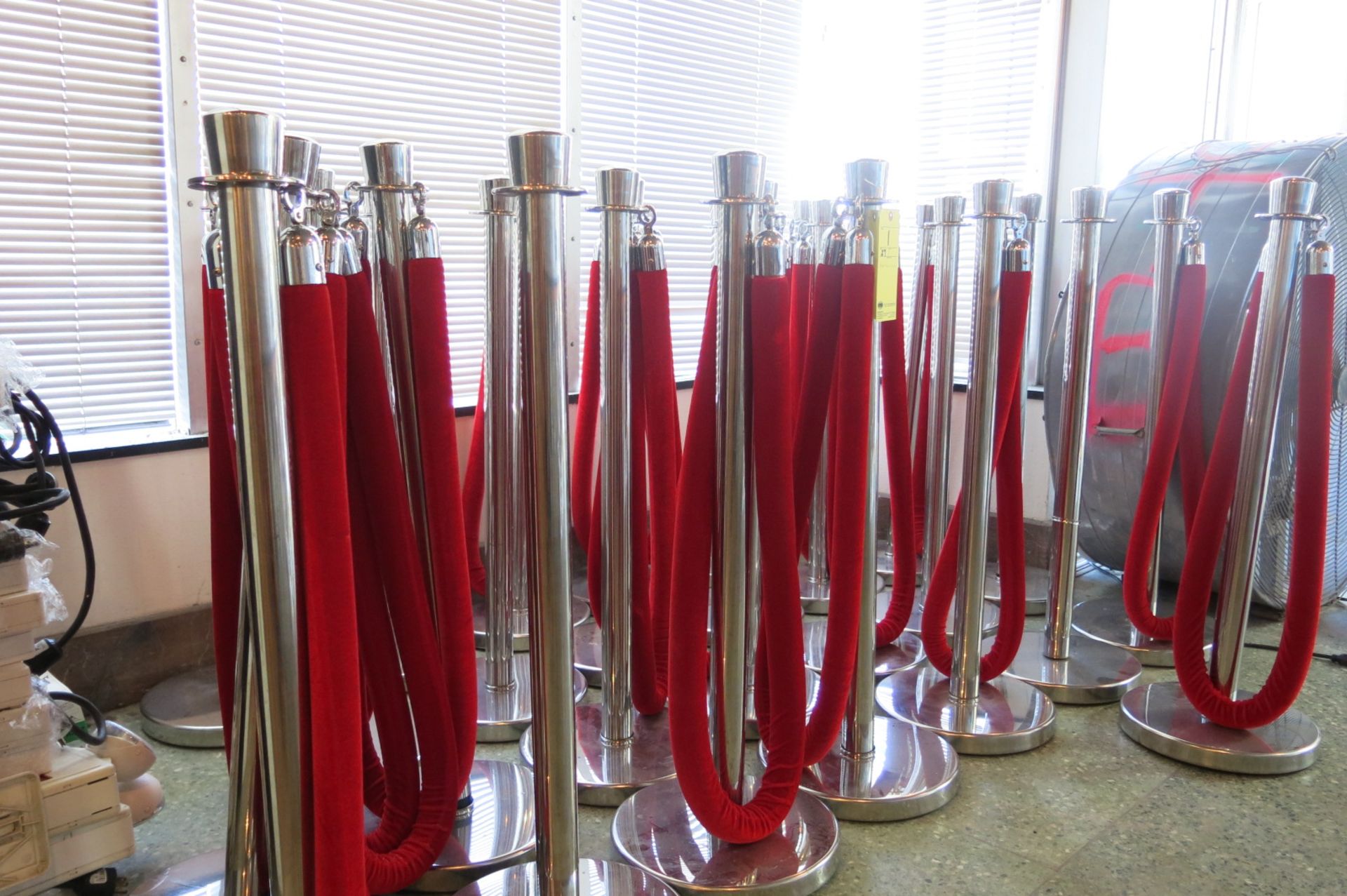 LOT OF RED ROPES AND STANCHIONS,  (approx. 27)