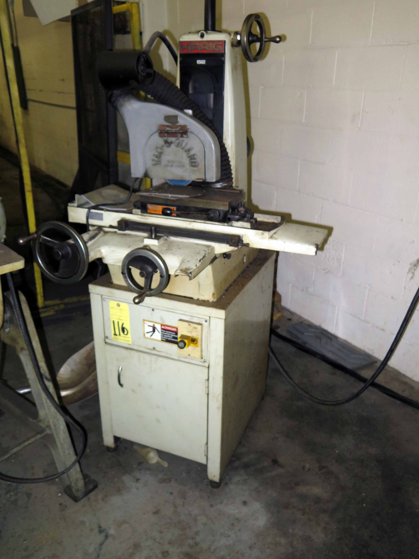 HAND FEED SURFACE GRINDER, HARIG MDL. 612, 6" x 12" perm. magnetic chuck, 6" wheel, cabinet base,