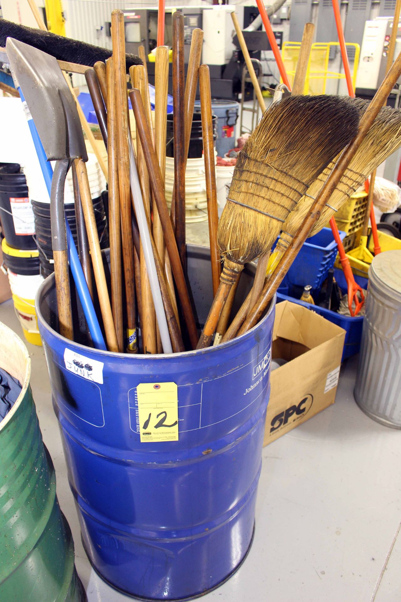 LOT OF CLEANING SUPPLIES: mops, mop buckets, trash cans, buckets