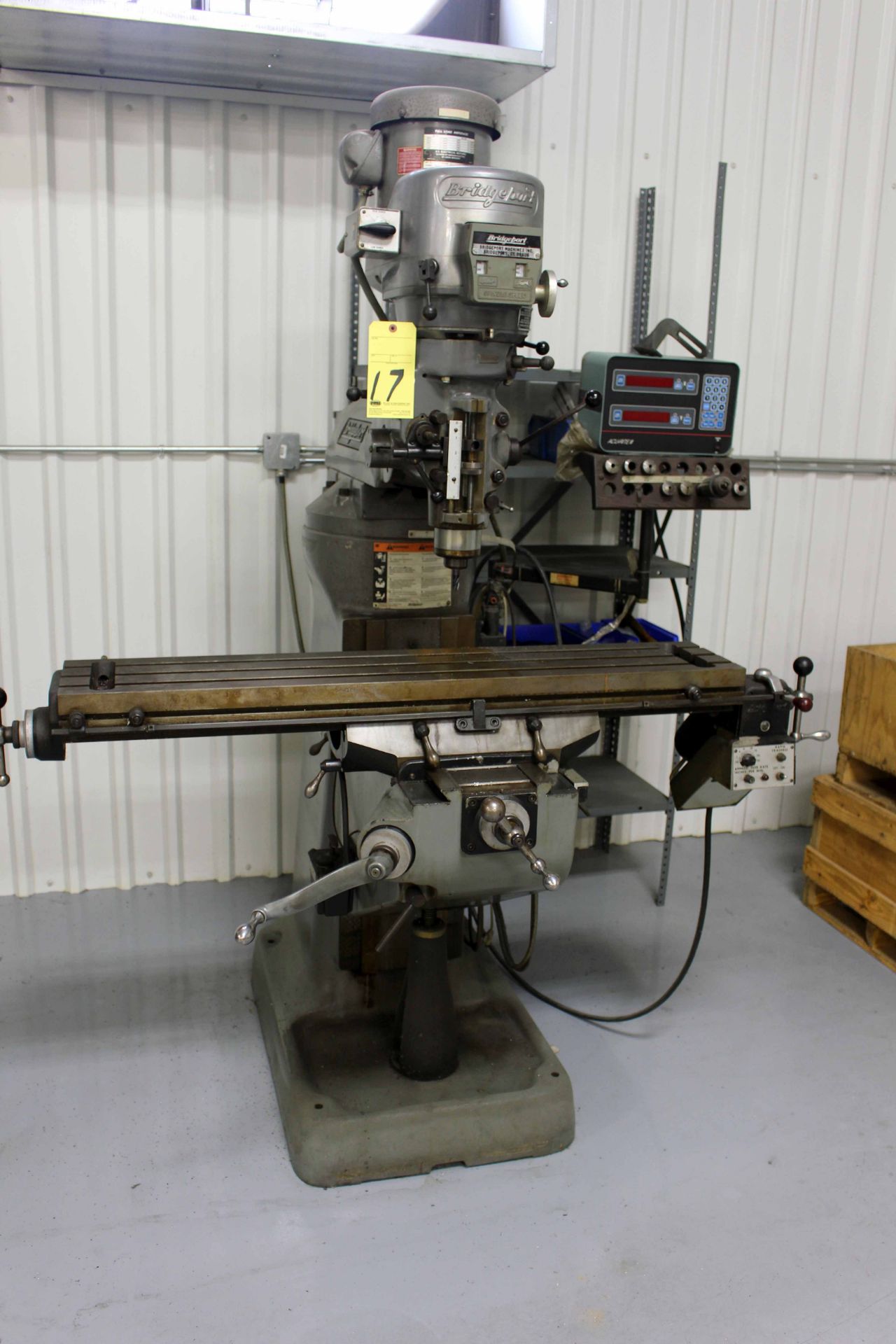 VERTICAL TURRET MILLING MACHINE, BRIDGEPORT, 9" x 48" table, pwr. feed, 2-axis D.R.O., chrome