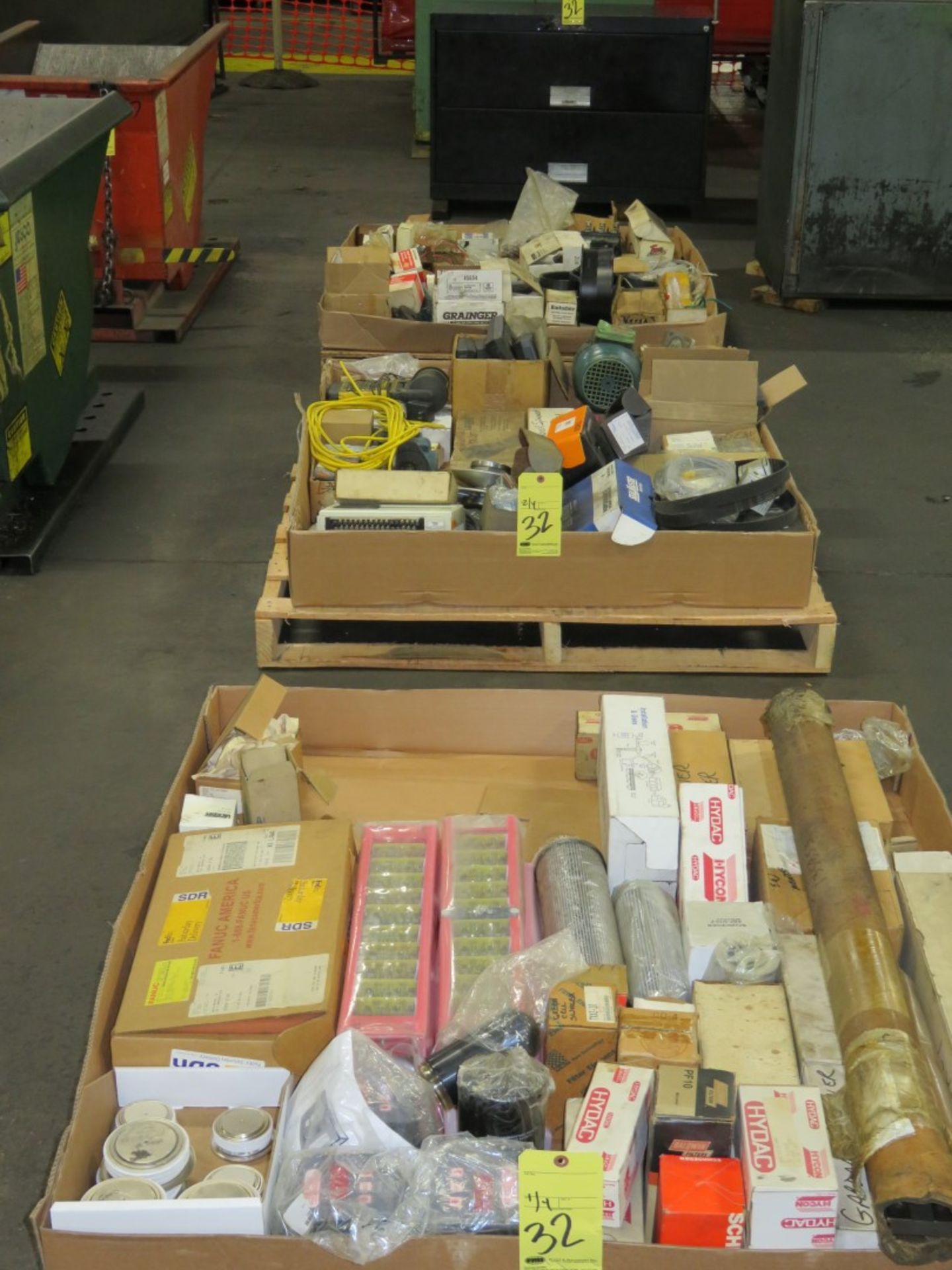 LOT CONSISTING OF machinery parts on pallets, various (3), file cabinet w/electrical, bearings,